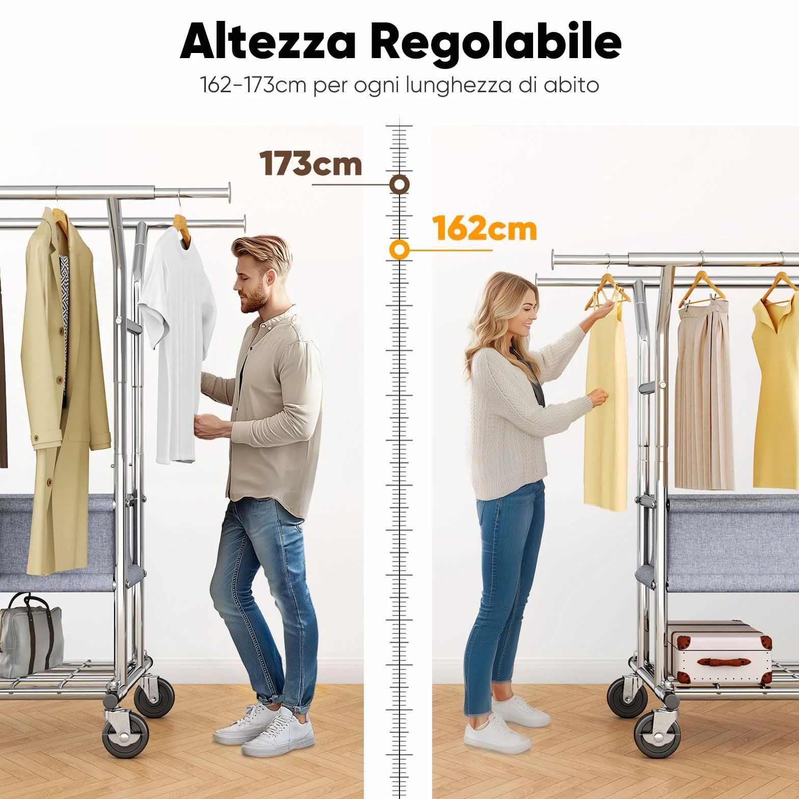 HOKEEPER Appendiabiti da Terra Resistente a Doppia Barra con Ruote, 283kg, con Cesta in Tessuto e Ripiano, Estensibile - Ideale per Camera da Letto, Boutique