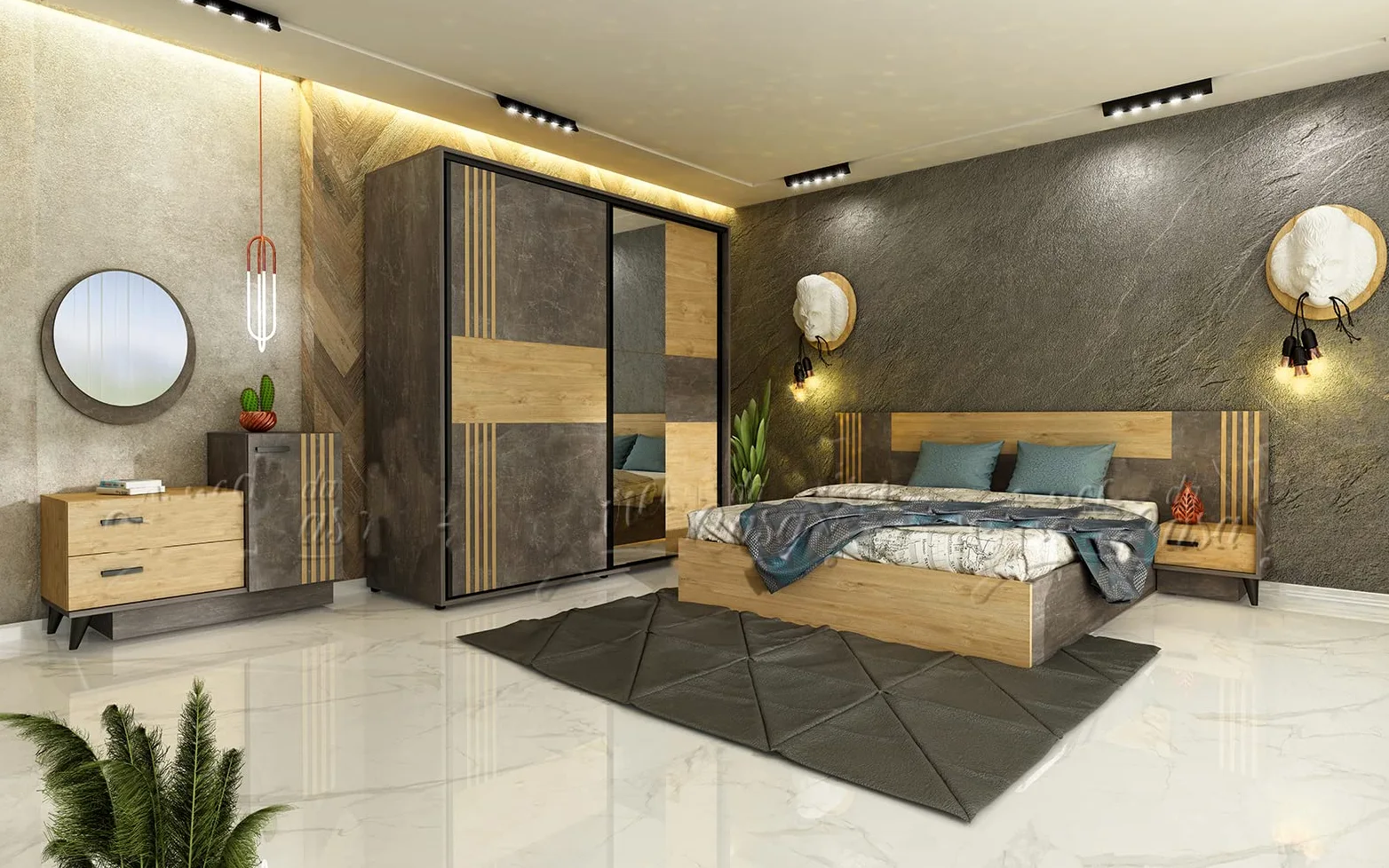 Camera da Letto Matrimoniale Completa con Armadio 2 Ante Battenti Letto Matrimoniale con Comodini e Comò Dotato di 2 Cassetti 1 Anta e 1 Specchio Cemento Scuro e Quercia Dorata CDLU31