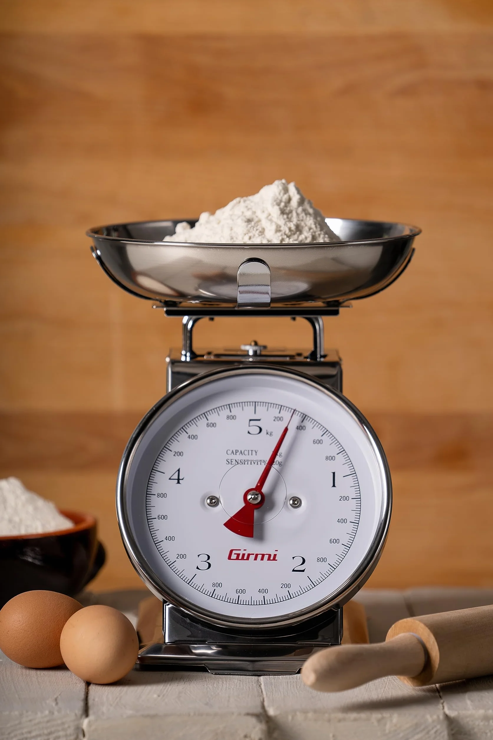 Girmi PS90 Bilancia Meccanica da Cucina, Ciotola 1 Lt, Corpo Inox, 20gr/5Kg, Funzione Tara