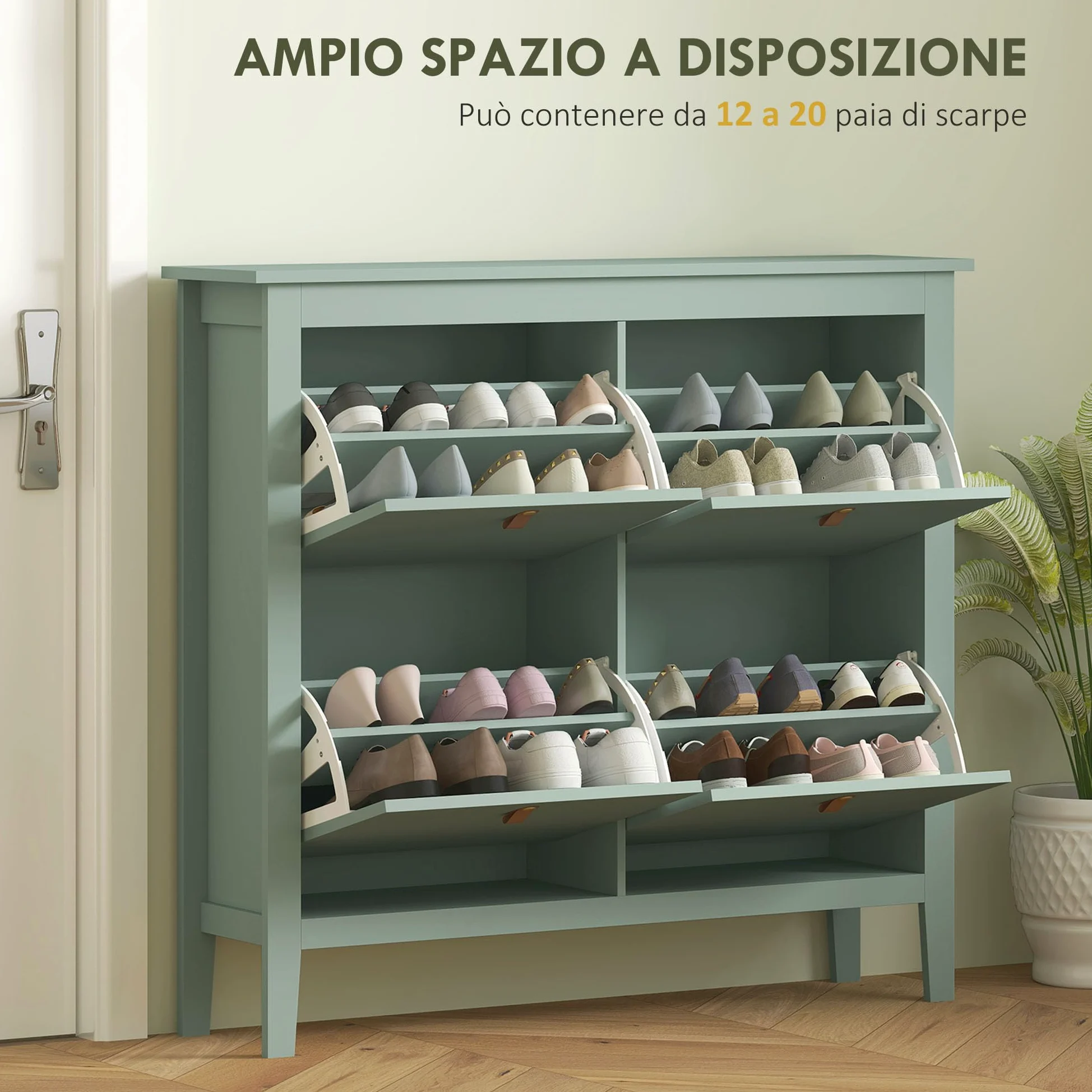 HOMCOM Scarpiera Salvaspazio Slim con 4 Ante a Ribalta, Scarpiera Ingresso con Ripiani Regolabili, Piano Superiore e Base Rialzata, Porta Scarpe per 20 Paia in Legno con Maniglia, 105x24x95.5cm, Verde