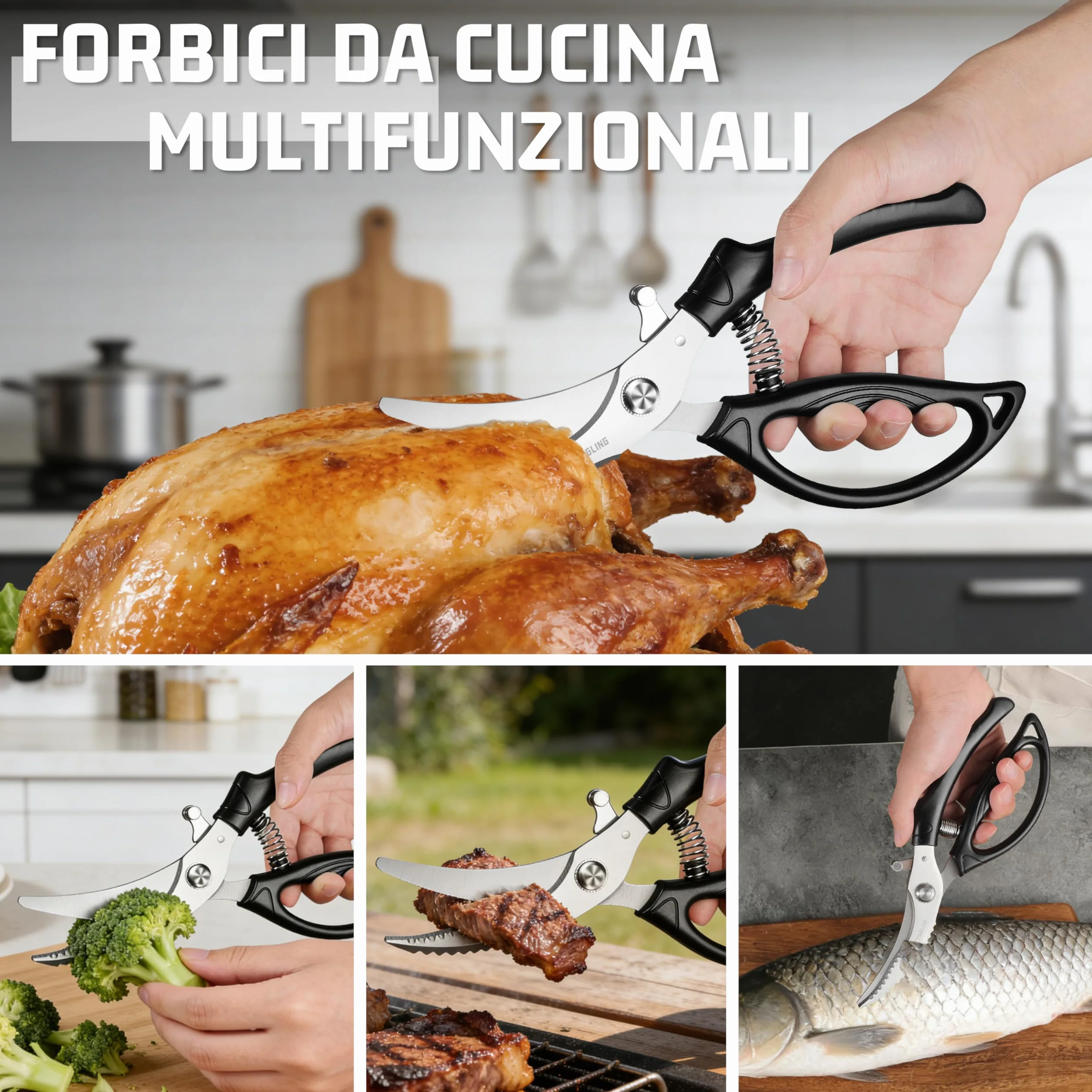 Forbici da Cucina Professionali: Trinciapollo Affilate Con Blocco di Sicurezza e Molla, Adatte per Pollo, Pesce, Carne, Ossa e Verdure