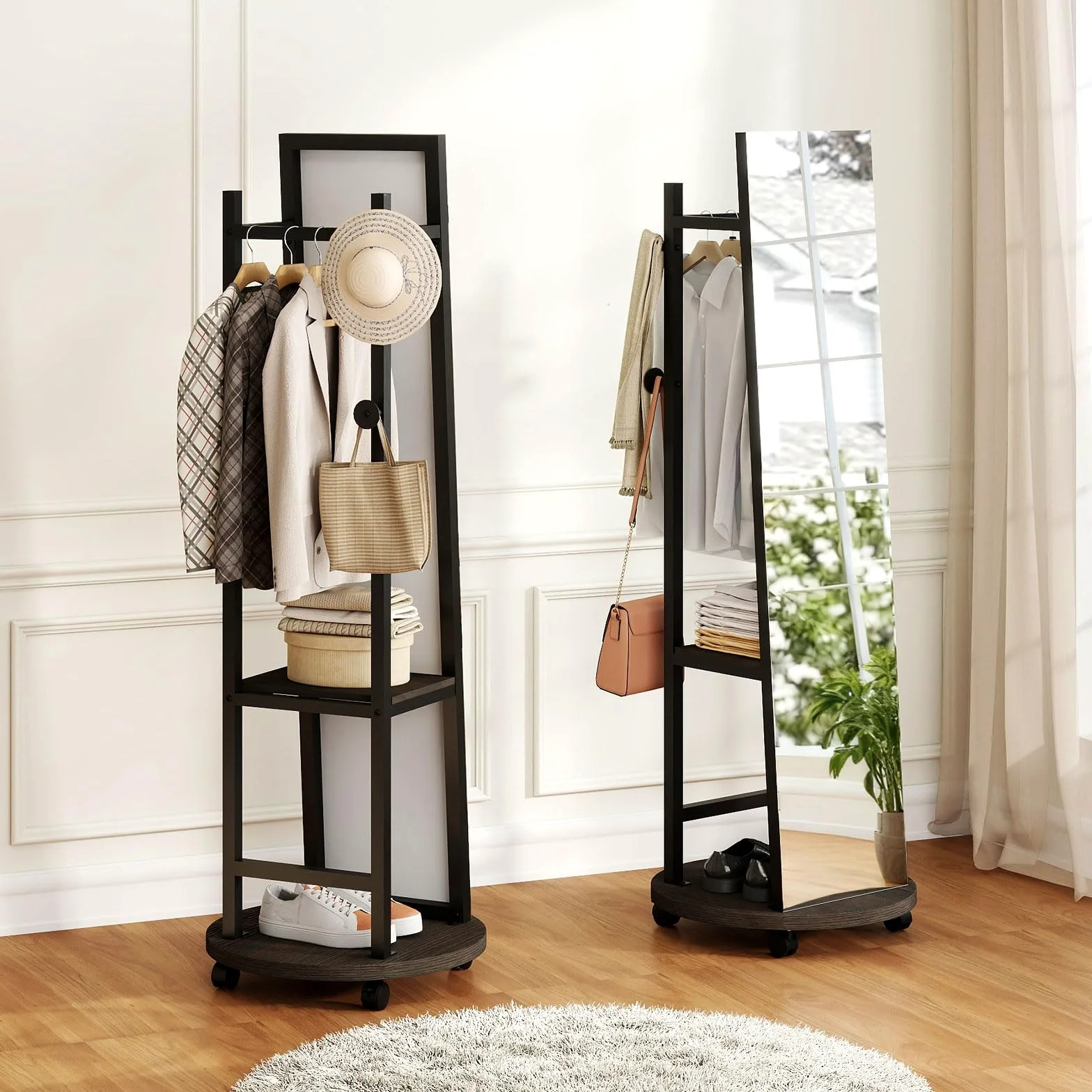 GIANTEX Specchio a figura intera, specchio da terra con appendiabiti, 45 x 135 cm, grande specchio con vetro infrangibile, ganci, ripiani, ruote, per ingresso, soggiorno, camera da letto (nero+noce)