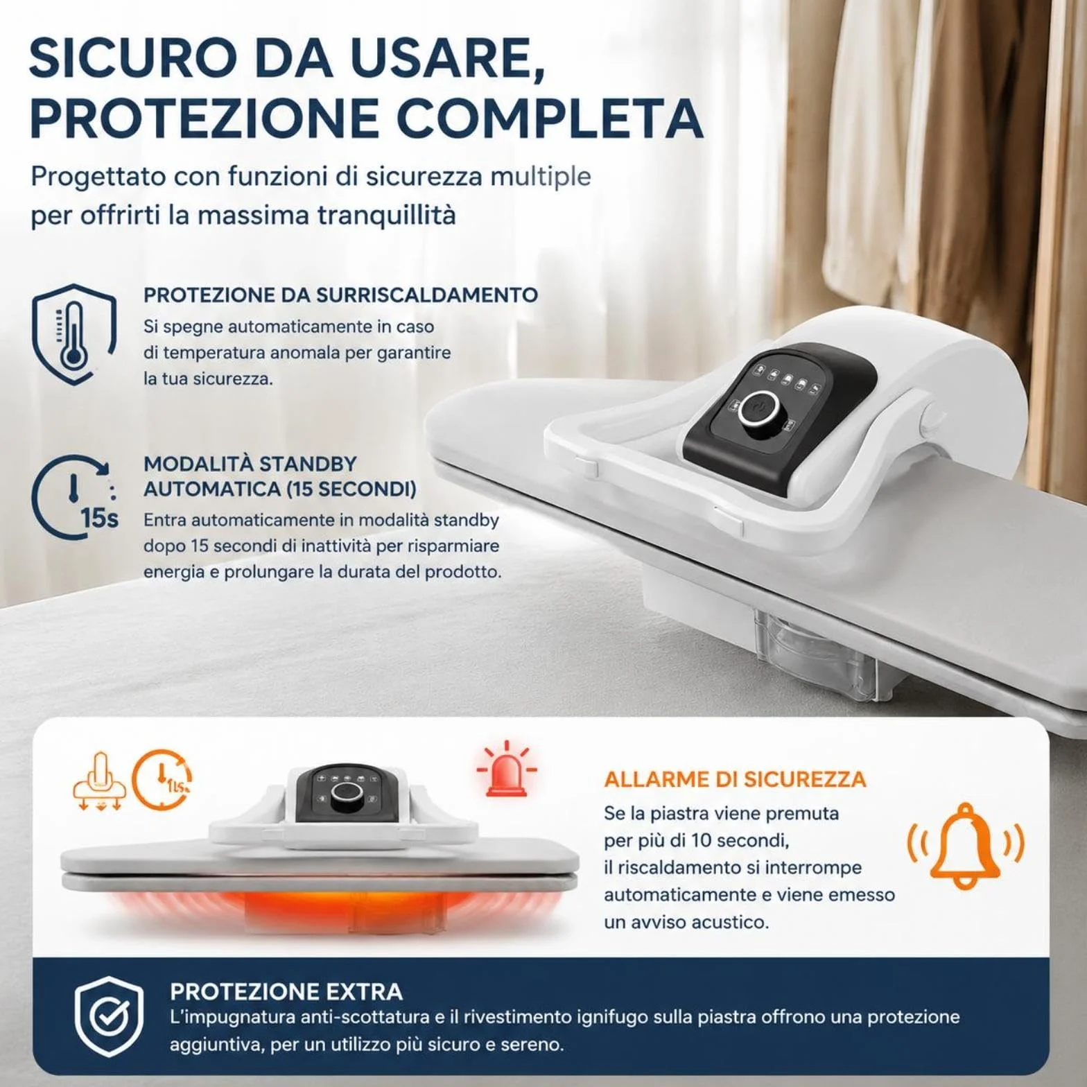 Pressa a vapore professionale, 2200 W, macchina da stiro intelligente, 91 cm, intervallo di temperatura 90-200 °C, 5 livelli di temperatura, forza autobloccante 8 kg, stiratura super veloce (bianco)