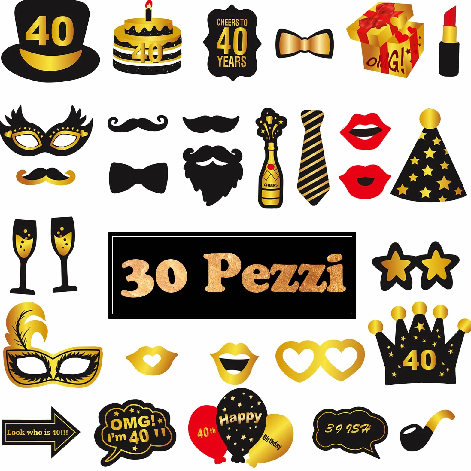 VEGCOO Gadget Foto Props Accessori Kit 32 Pezzi Photo Booth Compleanno 40 Anni