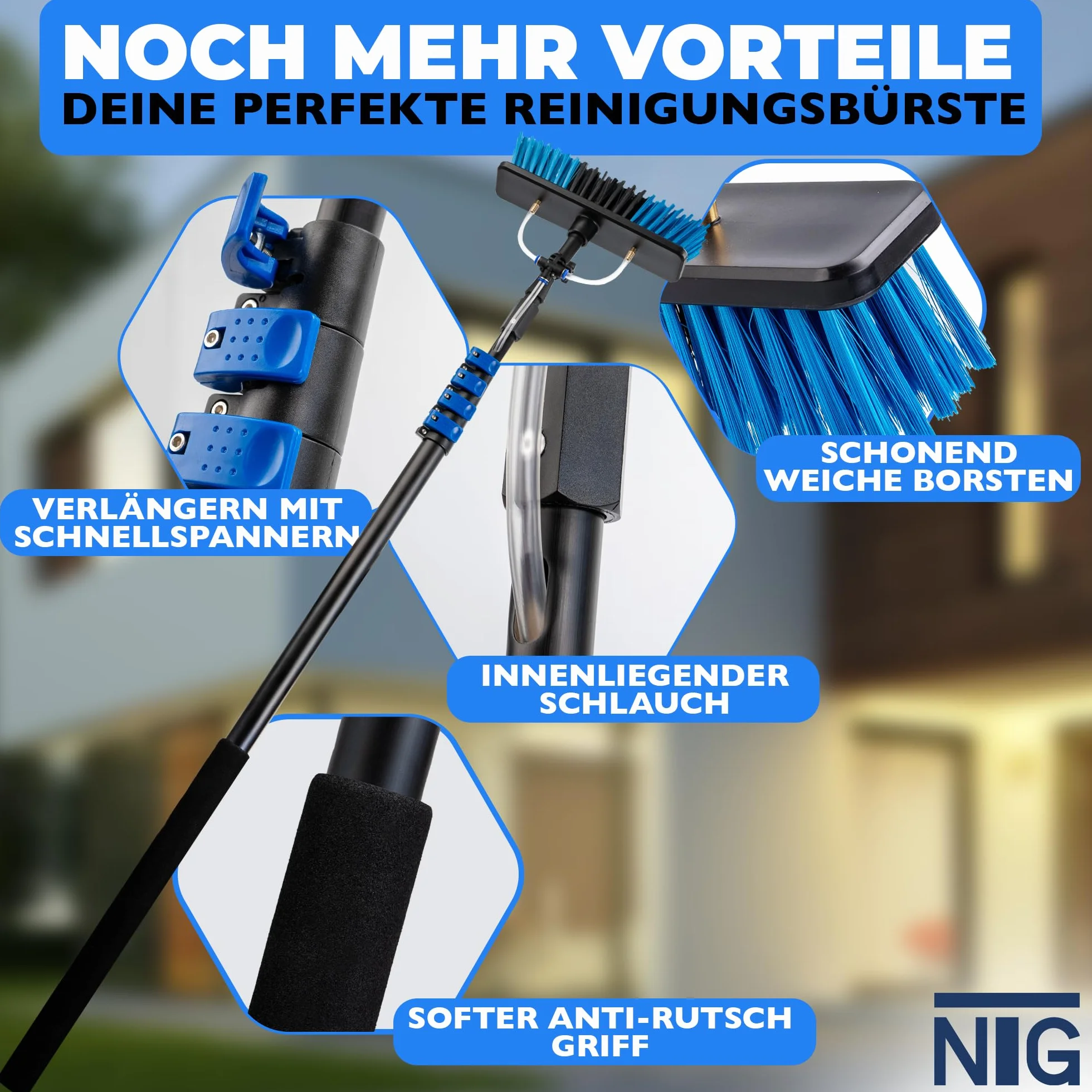 Spazzola telescopica per la pulizia di impianti solari e finestre | nelle versioni da 4,6 metri e 7 metri |+ Allacciamento all'acqua e dispenser di sapone | Asta telescopica | Fotovoltaico | Veranda