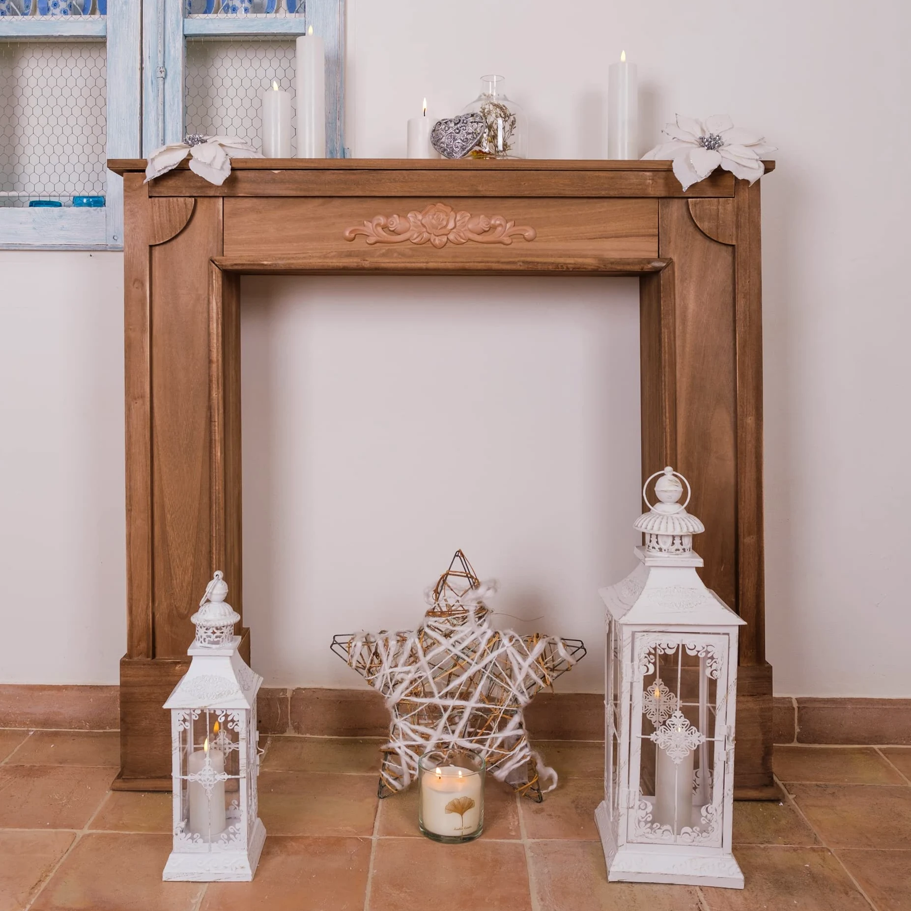 Rebecca Mobili Cornice Decorativa Marrone, Cornice Camino Shabby, per Salone - Misure 100 x 105 x 21 cm (HxLxP) - Art. RE4862