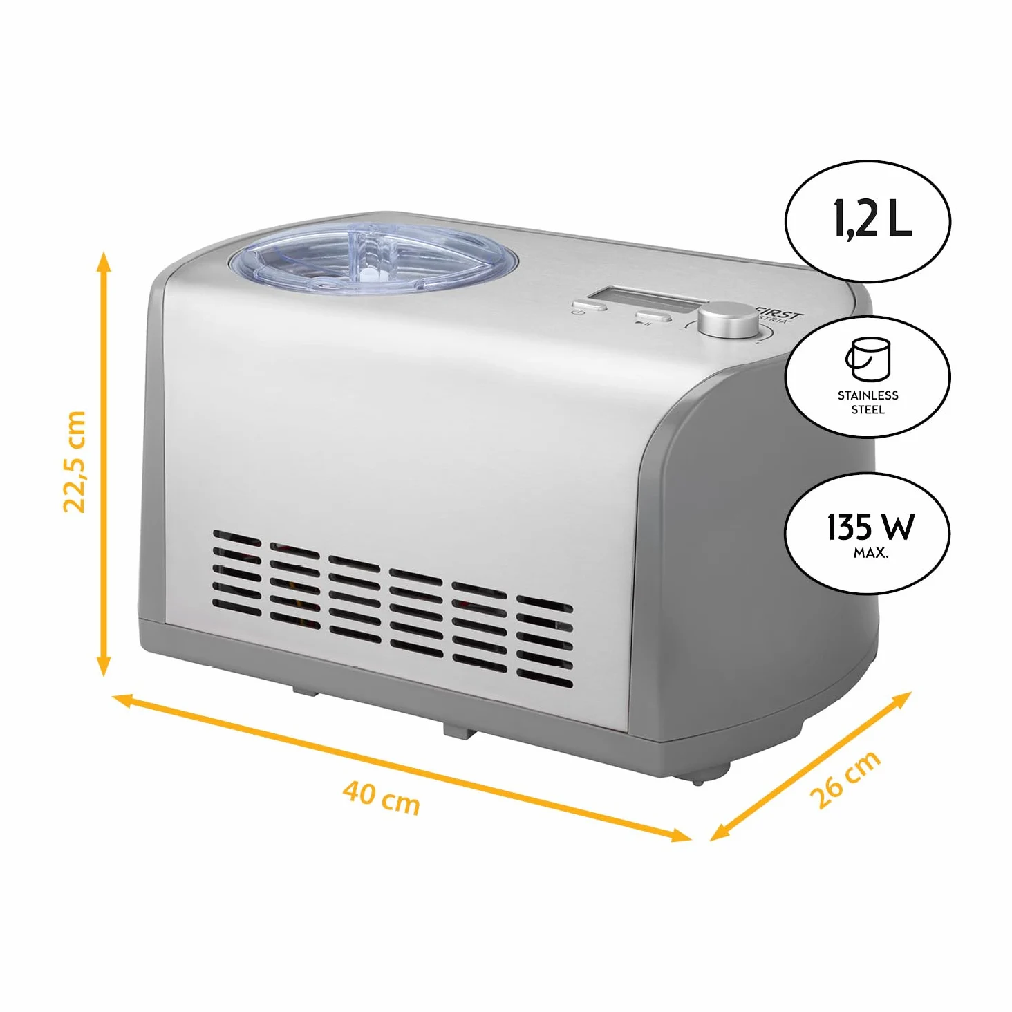 TZS First Austria Macchina per Gelato 1,2L - 135W - Compressore e Funzione Raffreddamento - Gelatiera per Gelato, Sorbetto o Frozen Yogurt - Cestello in Acciaio Inox - Grigio
