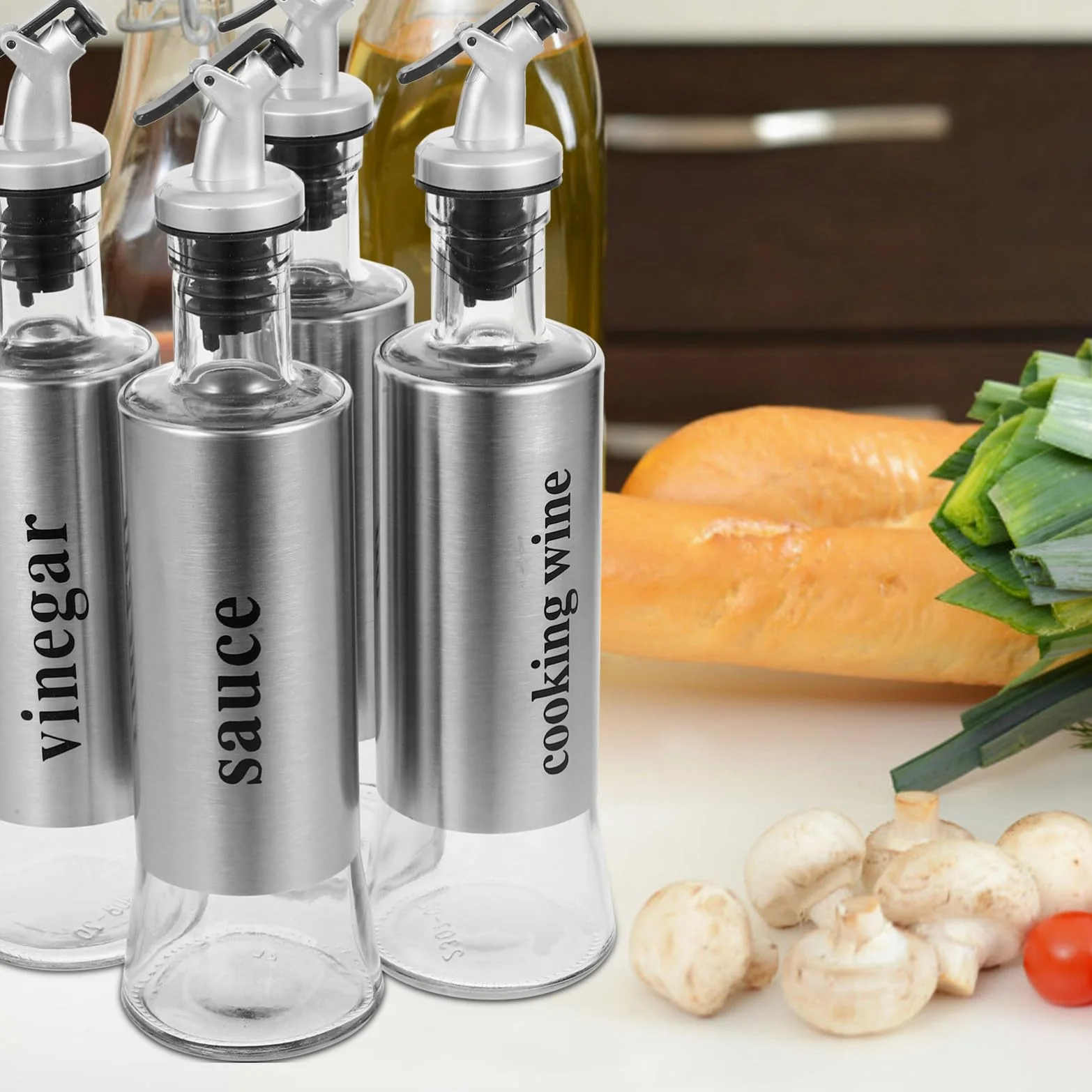 Set Design Antigoccia Oliera Dosatore in Vetro e Acciaio Inossidabile 4 Pezzi 300ml per Olio e Aceto per Cucine Domestiche ed Eleganti