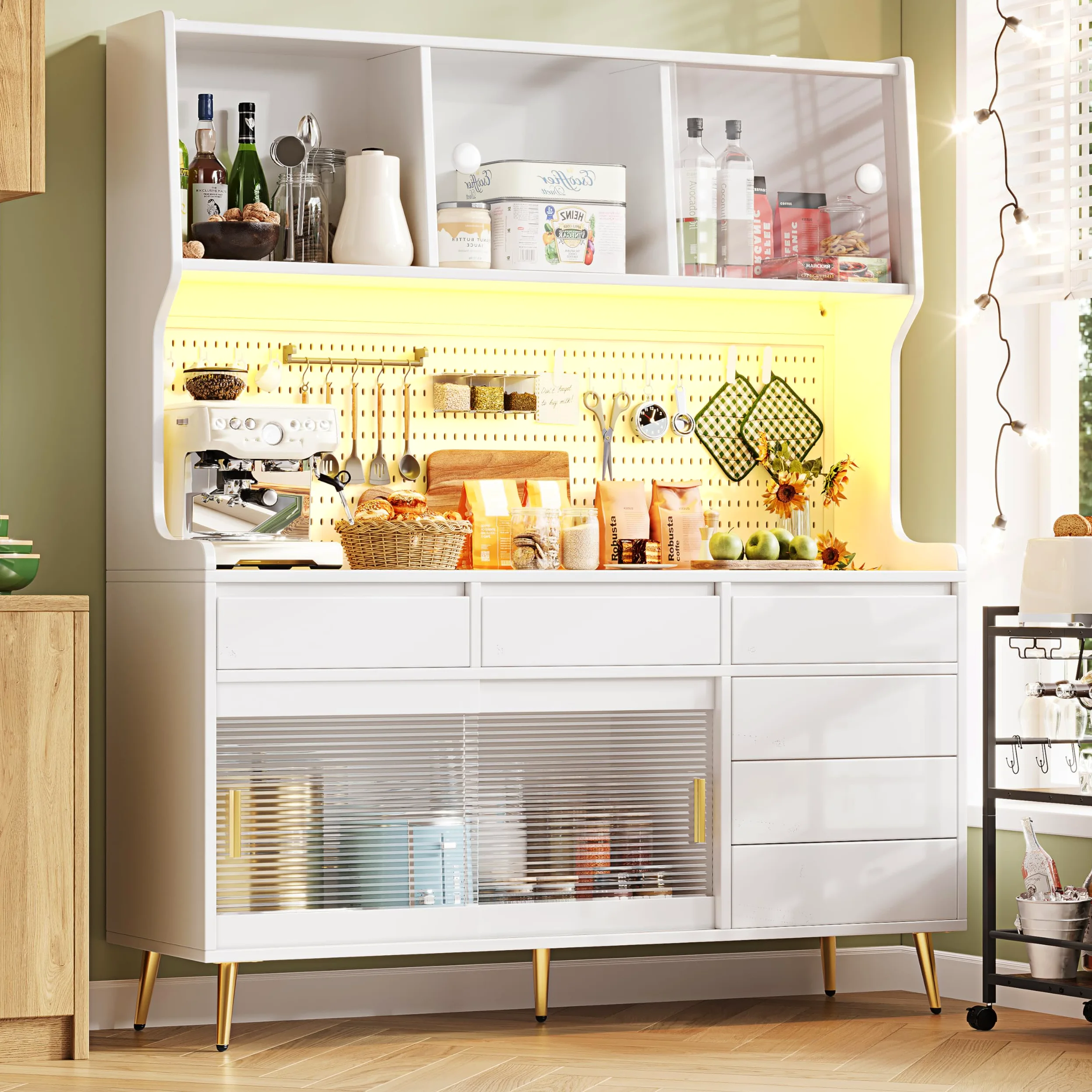 Mobile alto moderno, 145 x 39 x 171 cm, bianco, con armadio da cucina o armadio da sala da pranzo con cassetto, credenza con ripiano con parete forata