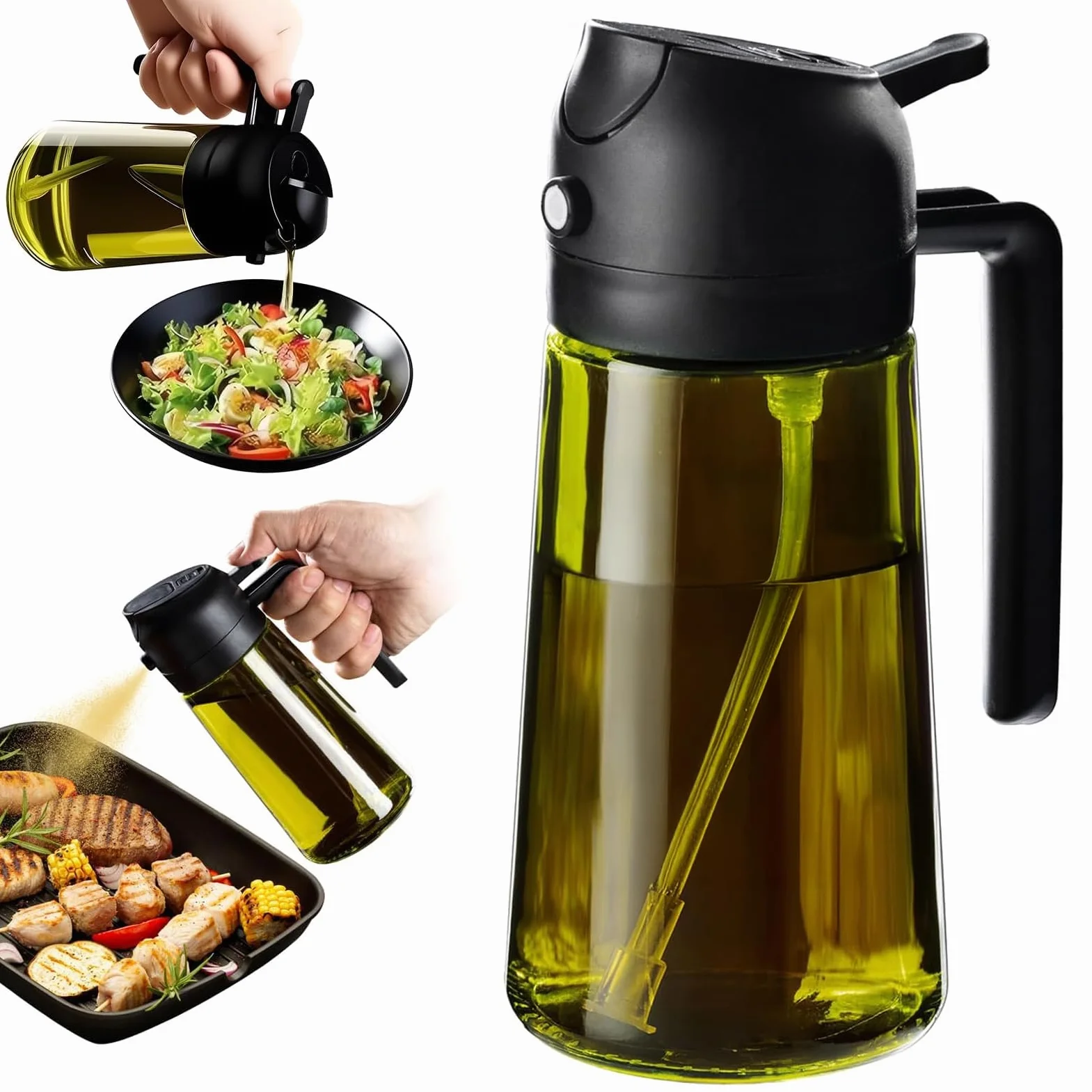 Spruzzatore per olio in vetro da 470 ml, 2 in 1, dispenser e flacone spray – per cucina, friggitrice ad aria e grill – senza BPA, a prova di perdite, riutilizzabile