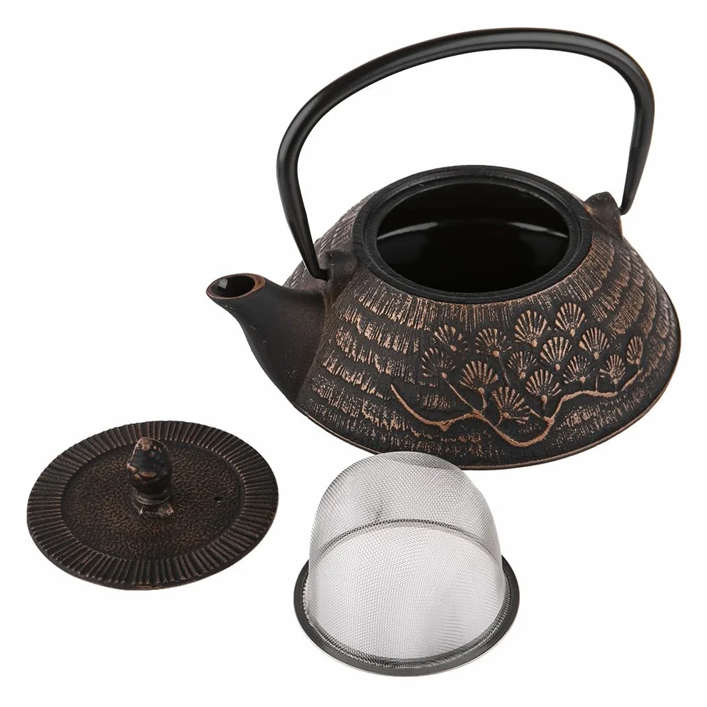 Set da tè in ghisa con motivo a fiori di ciliegio - 1 teiera, 4 tazze e filtro - Capacità 0,8 l - Nero e bronzo