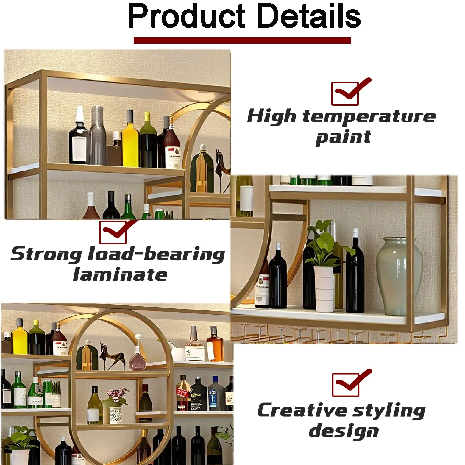140CM Portabottiglie da parete grande, portabottiglie sospeso in metallo a 4 ripiani con ripiani per bicchieri, mensole sospese moderne per la decorazione di bar e sala da pranzo (Oro)