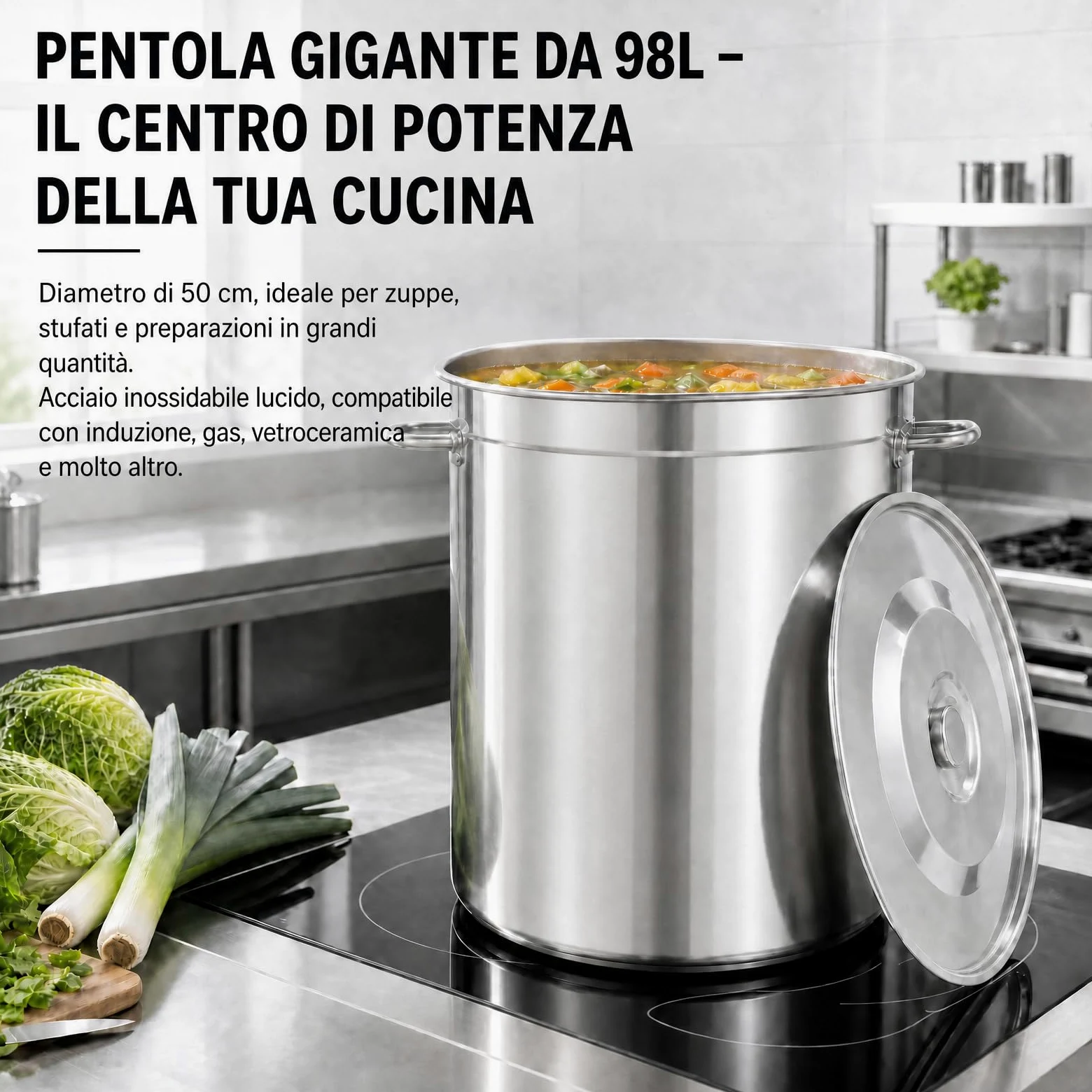 Pentola per zuppa in acciaio inox, 98 l, grande con manici e coperchio per lavandino, Ø 51,5 cm, altezza: 50 cm, in acciaio inox, grande per tutti i piani cottura e le grandi cucine