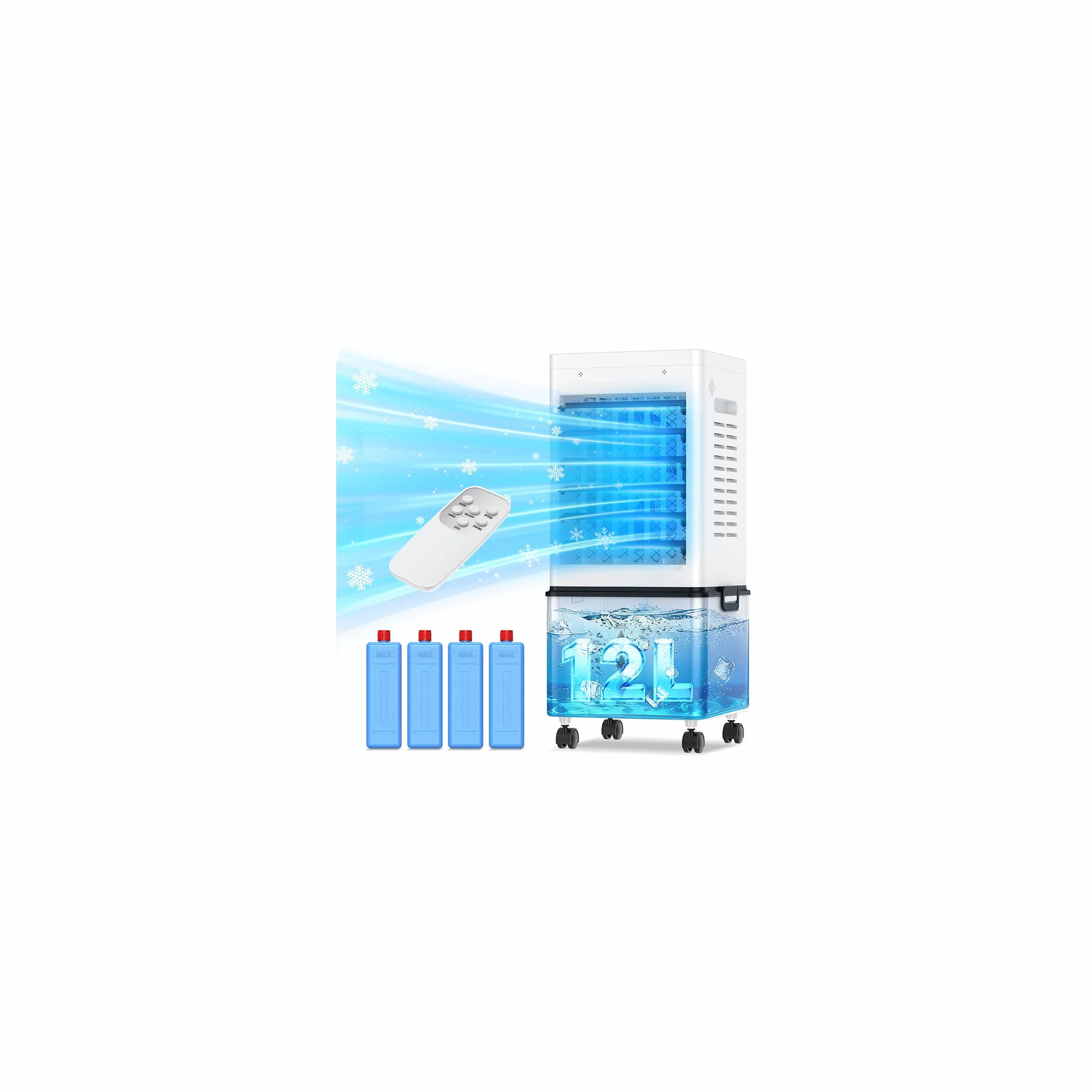 Condizionatore Portatile 12L Serbatoio Estraibile, Raffreddatore d’Aria senza Tubo 45W, 3 Modalità 6 Velocità, 4 in 1 Climatizzatore Evaporativo Silenzioso Timer 1-12 H, Telecomando per Casa e Ufficio