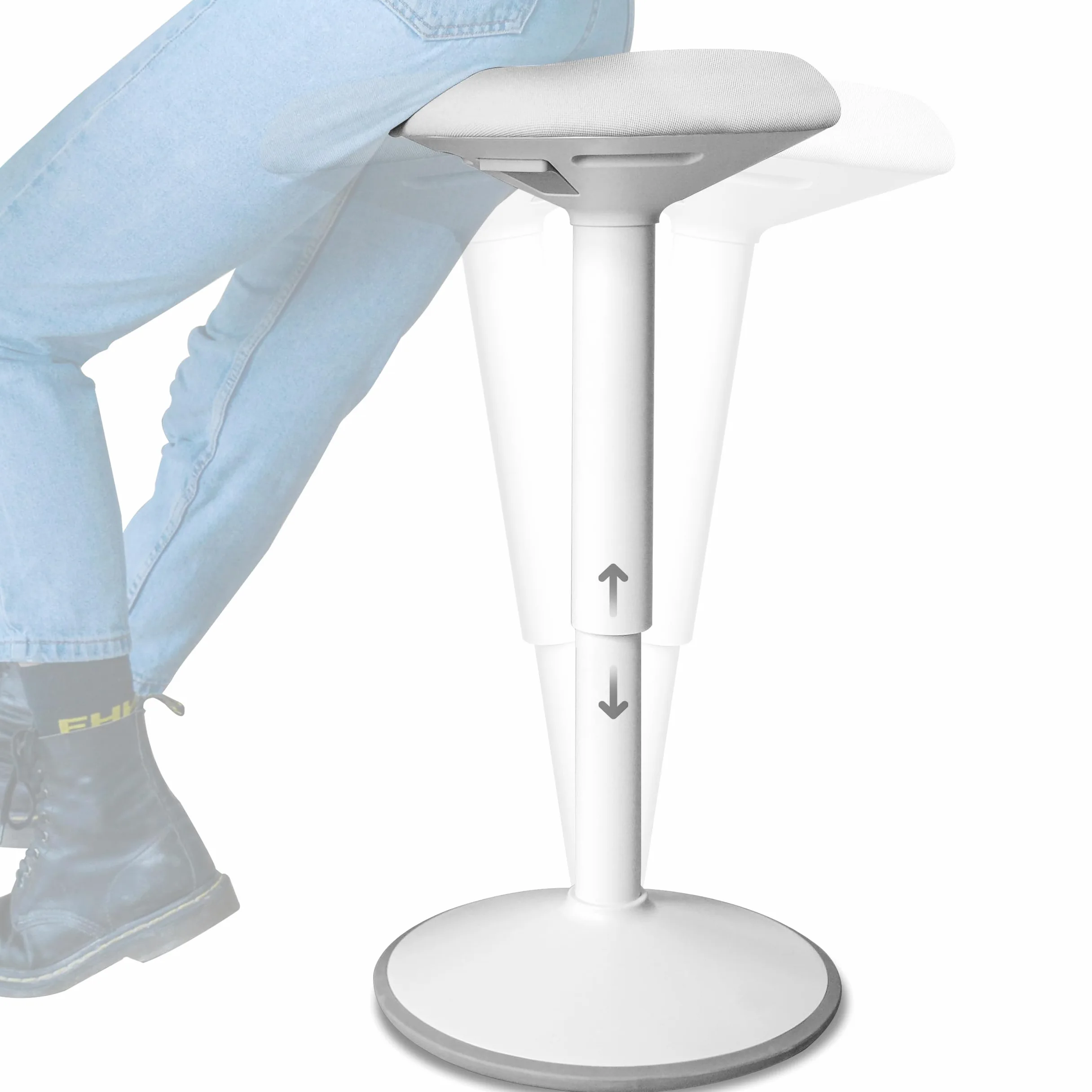 Backerz Sgabello Ergonomico - Sgabello Girevole da 55 a 80 cm con effetto dondolo - Sedia da Ufficio per Casa, Ufficio, Studio - Cuscino a Schiuma, Esterno in Lino Impermeabile - Bianco Opaco
