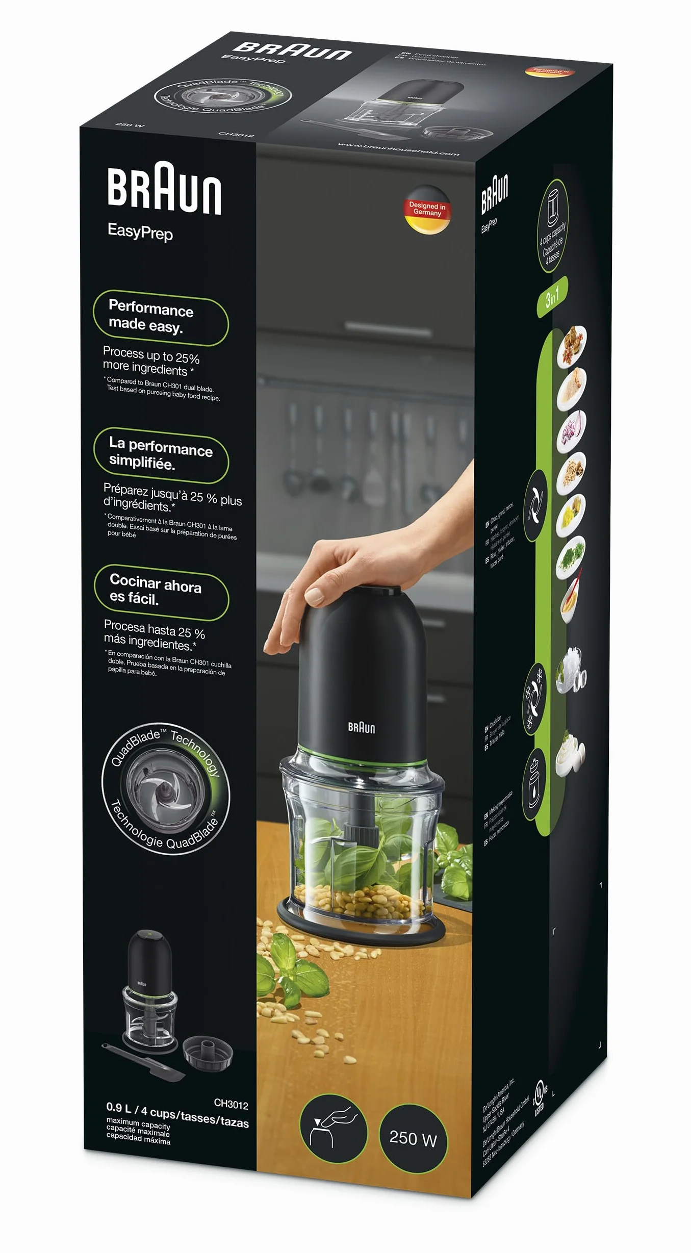 Braun MultiPractic 3 CH3011BK, Tritatutto a Quattro Lame in Acciaio Inox, Due Velocità, Funzione One Push, Tritaghiaccio, Capacità 500ml, Lavabile in Lavastoviglie, 500W, Nero