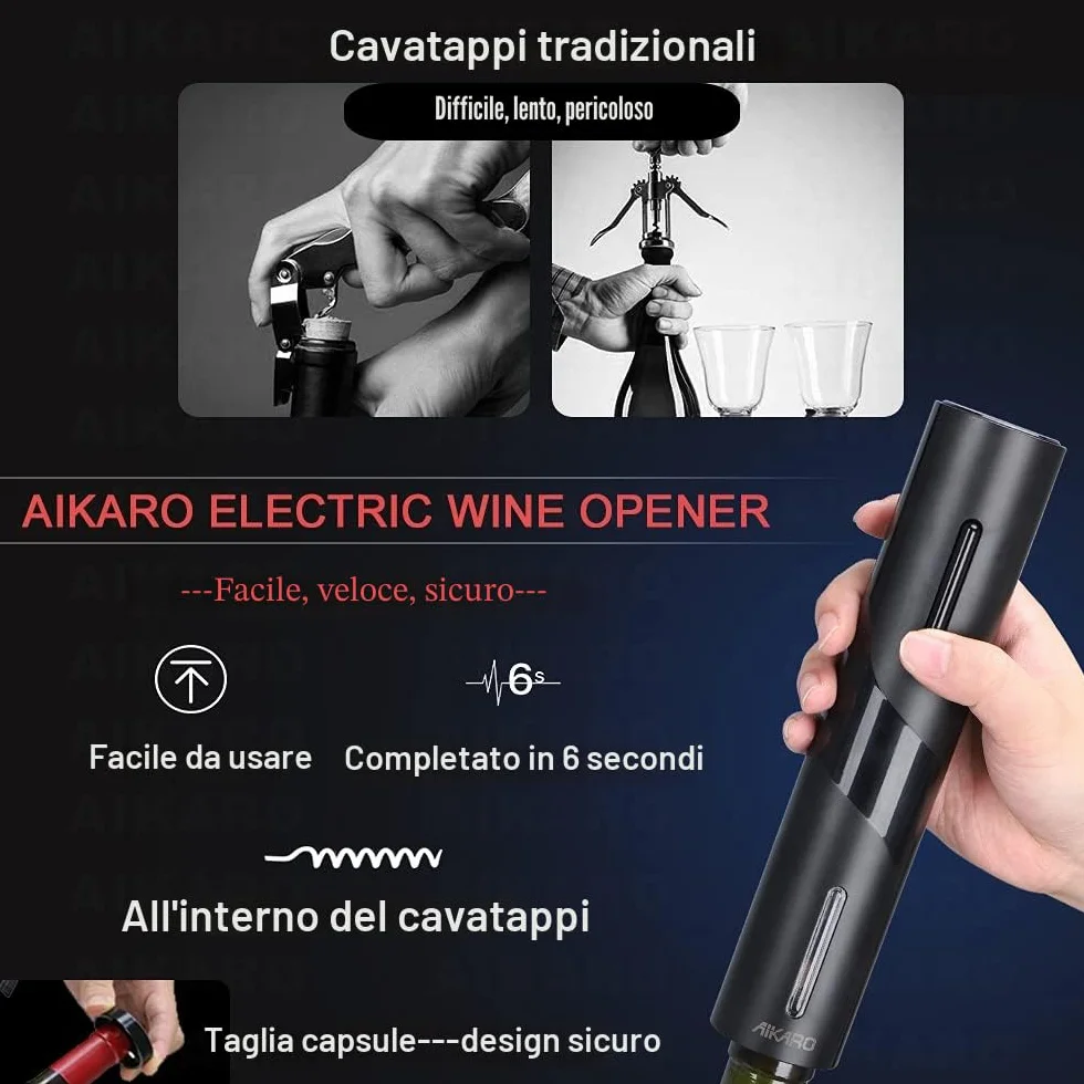 AIKARO Apri-bottiglie per vino elettrico Cavatappi automatico Ricaricabile