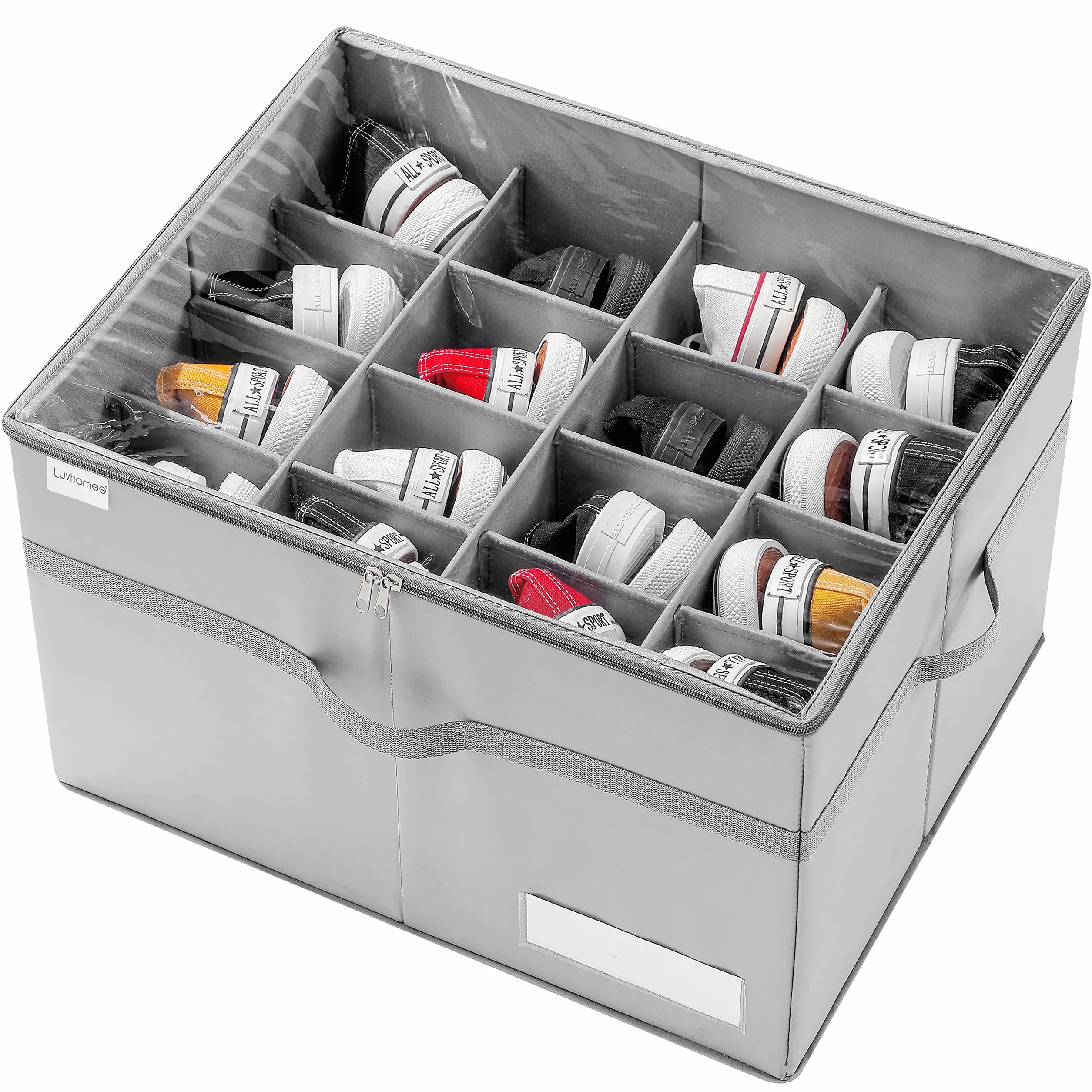 Organizer Scarpe Pieghevole per Armadio, Contenitore 16 Paia, Trasparente con Manici Rinforzati, Grigio