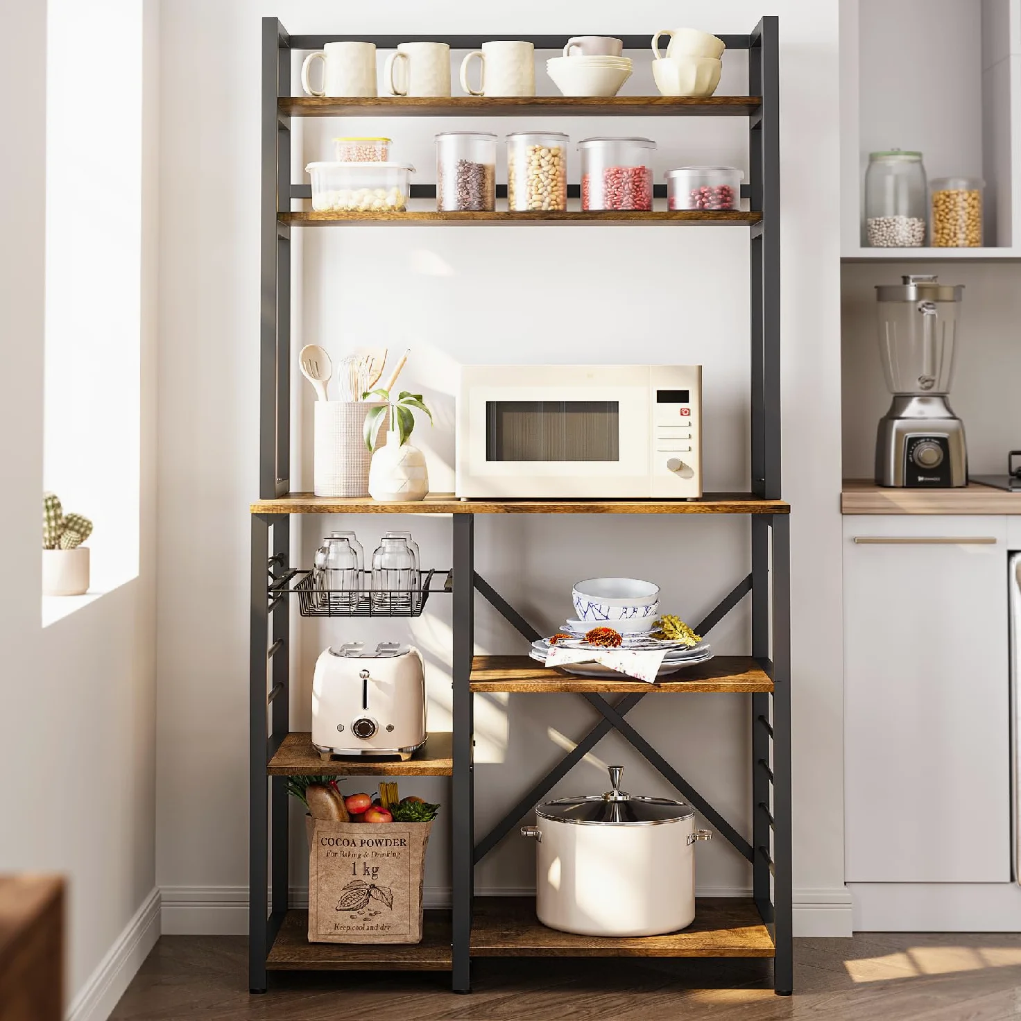 Bealife Scaffale da Cucina per Panetteria, Scaffale a 5 Ripiani con Ganci Laterali e Cestello in Filo, Scaffali in Legno e Metallo, Stile Industriale, 80,5x40,1x169,2 cm (Retro)