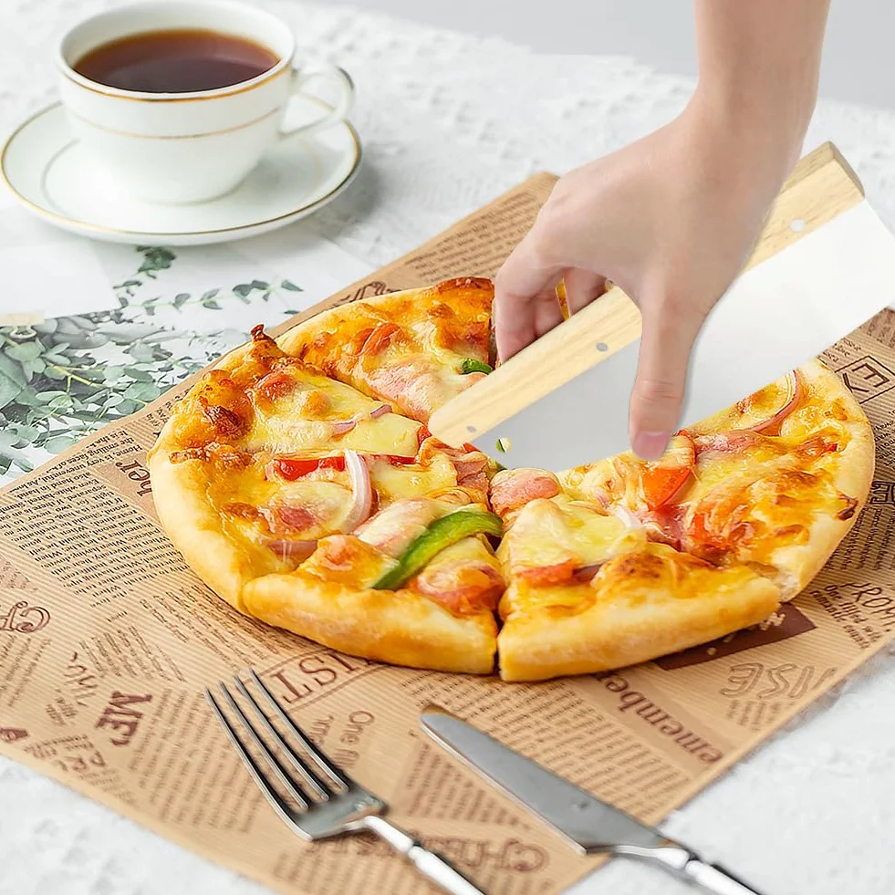 Tagliapizza,Tagliapizza in Acciaio Inox 32cm,Manico in legno massiccio,Coltello Mezzaluna per Tagliare Verdure, Erbe, Carne, Alimenti-Impugnatura Ergonomica,Taglio Preciso e Efficiente