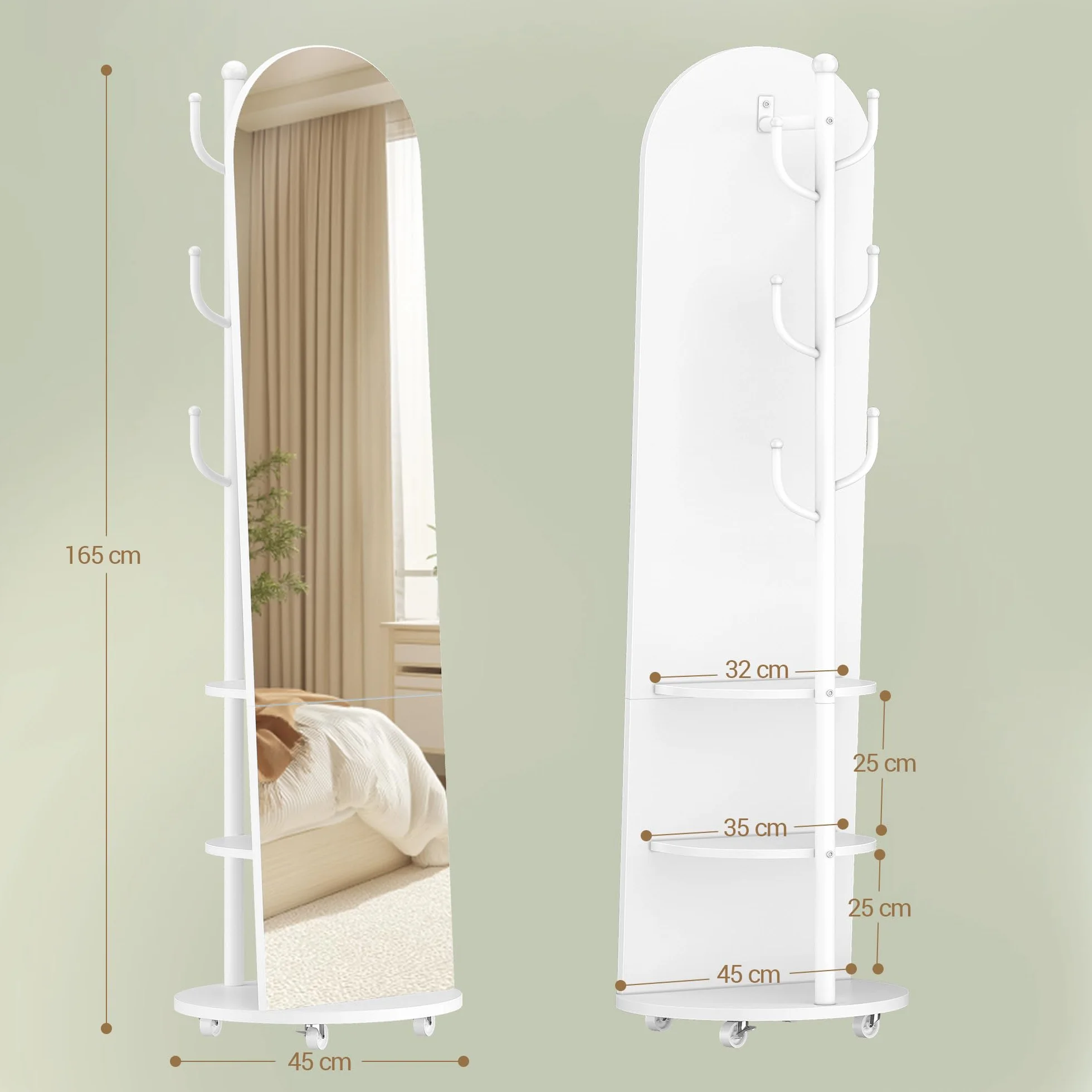Hzuaneri Specchio a Figura Intera, Specchio da Terra con Ruote Girevoli a 360°, 165 x 45 cm, 2 Ripiani e 6 Ganci, per Camere da Letto, Cabine Armadio e Soggiorno, Vetro Temperato, Bianco DM42303W