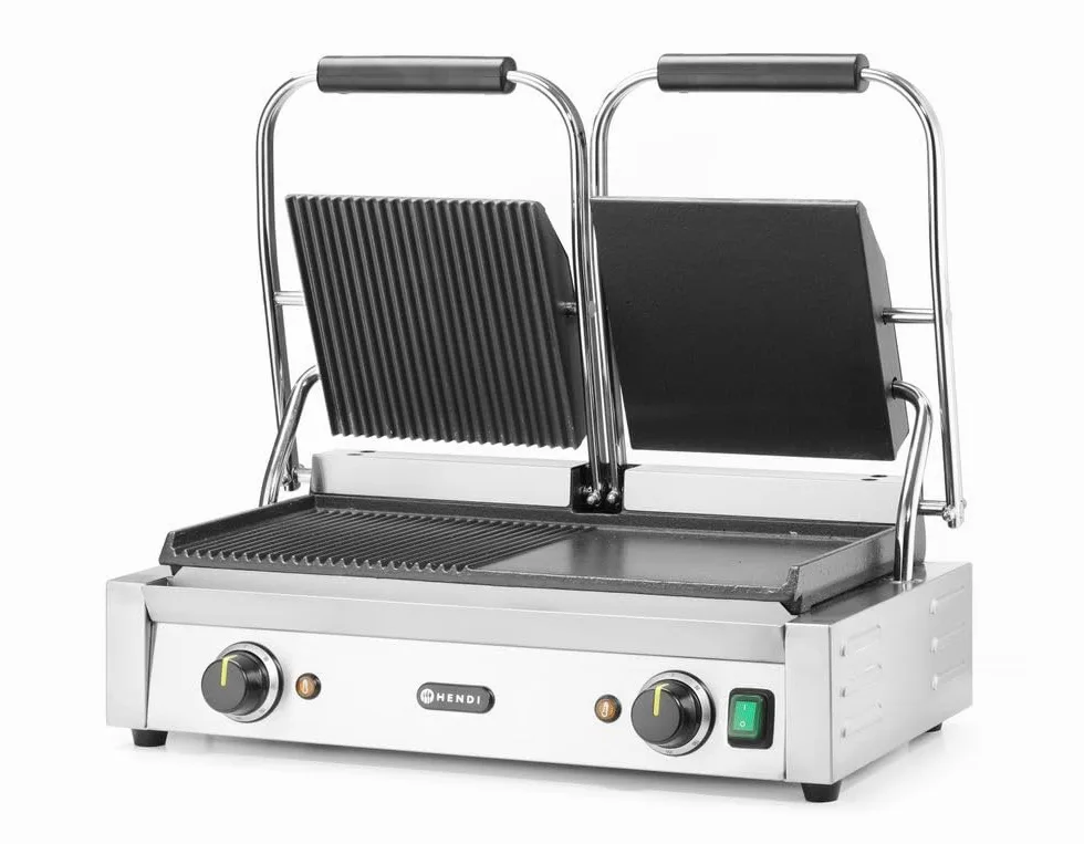 HENDI Piastra Elettrica a Contatto Doppia, Grill/Griglia Panini Professionale, Piastre Liscia e Rigata in Ghisa Smaltata, 230V, 3600W, 570x375x(H)216mm, Acciaio Inox
