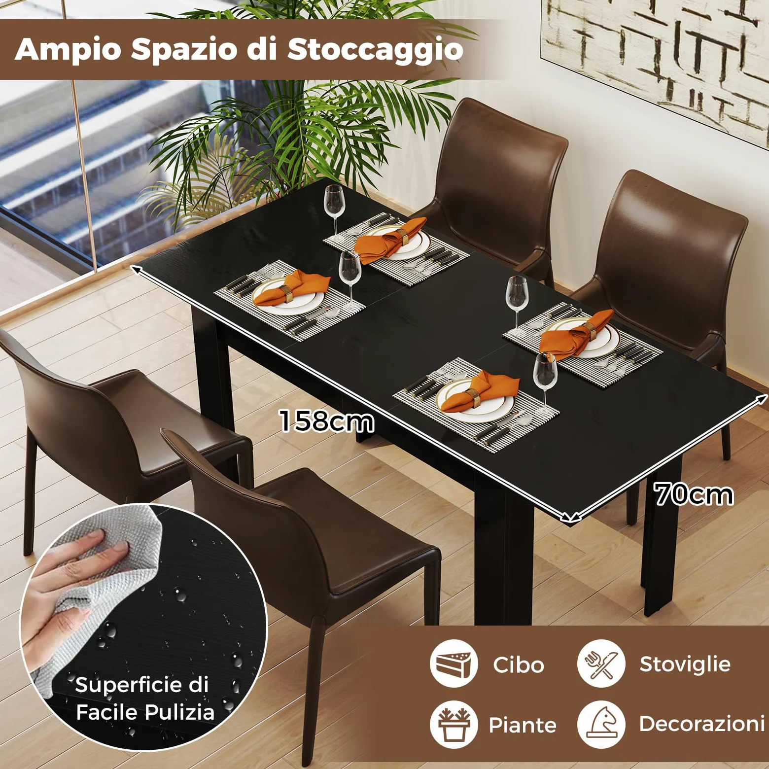COSTWAY Tavolo Allungabile da Pranzo per 4-6 Persone, Tavolo Consolle Estensibile, Tavolo Moderno da Cucina, Soggiorno e Sala da Pranzo, 158 x 70 x 76 cm, Nero (Nero)