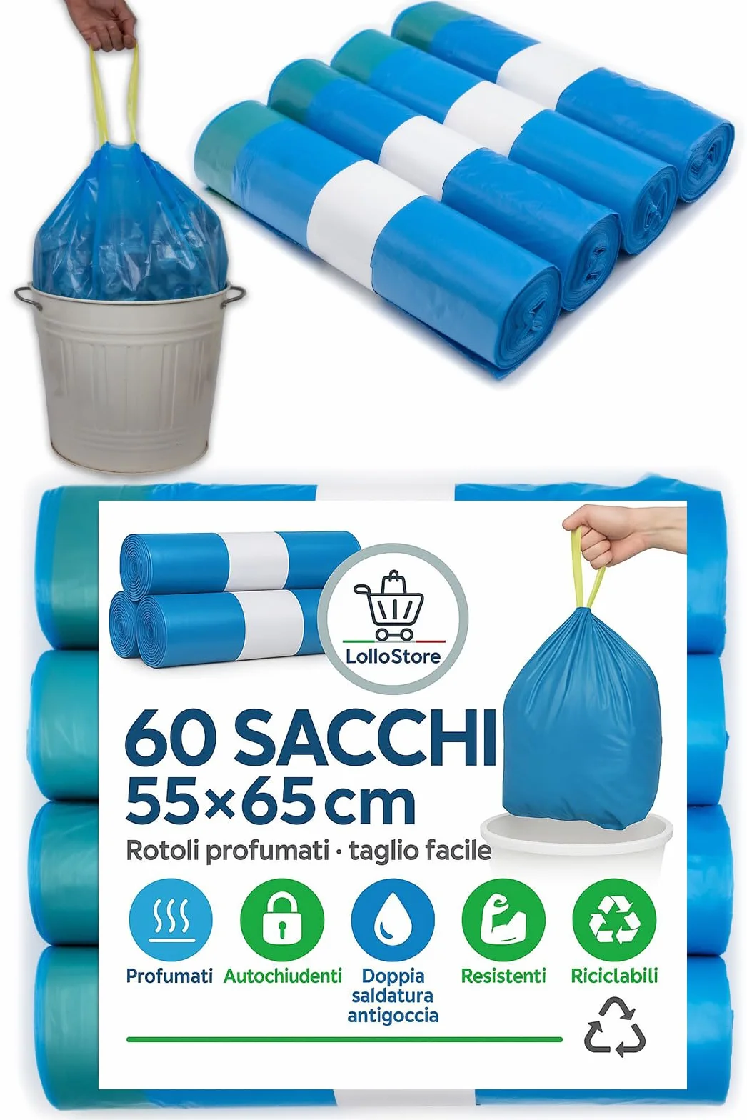 60 Sacchetti Spazzatura 55x65 cm Blu, Profumo Talco, 40 Litri Antiodore con Maniglie Tira e Chiudi, Buste Spazzatura per Raccolta Differenziata, Sacchi Spazzatura in Alta Densità in Polietilene
