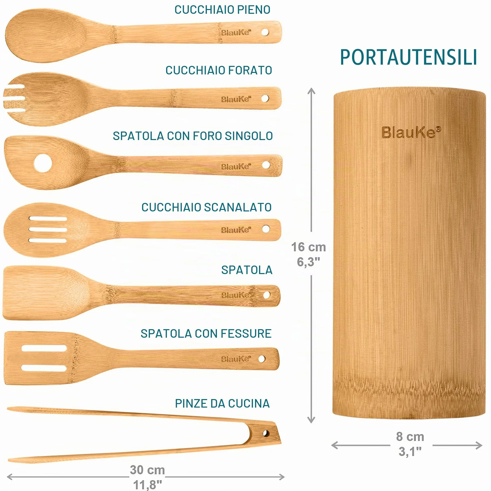 BlauKe® Set di Utensili da Cucina in Bambù Naturale - 8 Pezzi con Paletta, Spatola, Pinze, Cucchiaio in Legno, Porta Mestoli