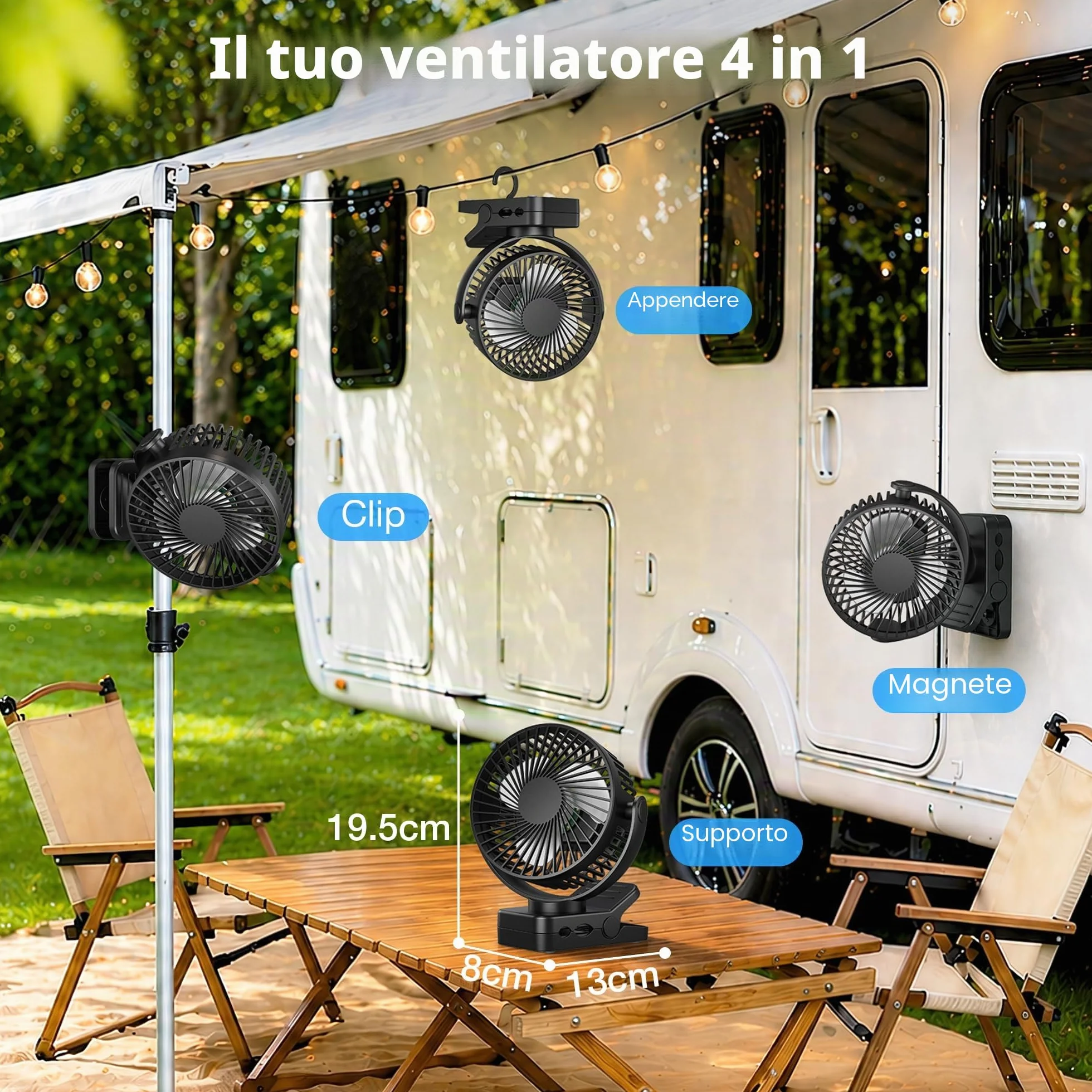 Ventilatore da Tavolo 4 in 1 USB Ventilatore Portatile 12000mAh e Telecomando Ricaricabile Luce LED 3 Velocità Timer Rotazione 360°, Ventilatore Pinza per Esterno Auto Passeggino Campeggio, Nero