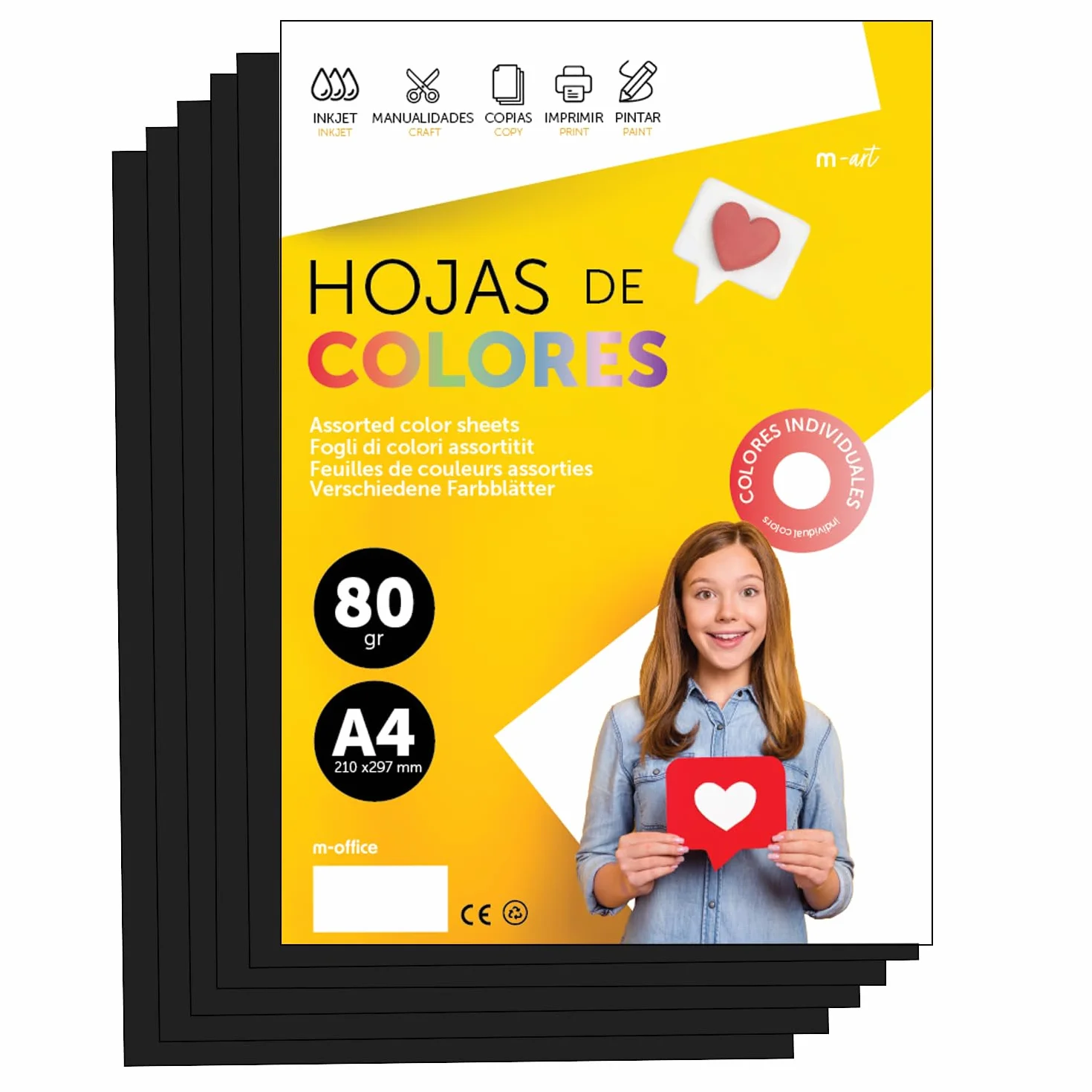 Fogli Colorati A4 80g per Stampanti, Blocco Carta Assortita 50 fogli Nero M-Office