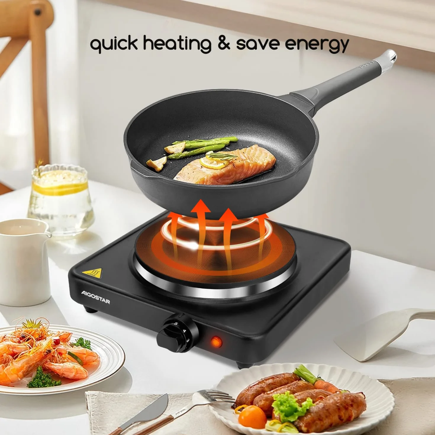 Aigostar Piastra Elettrica 1500W Fornello Portatile Ghisa Riscaldamento Rapido Temperatura Regolabile Nero