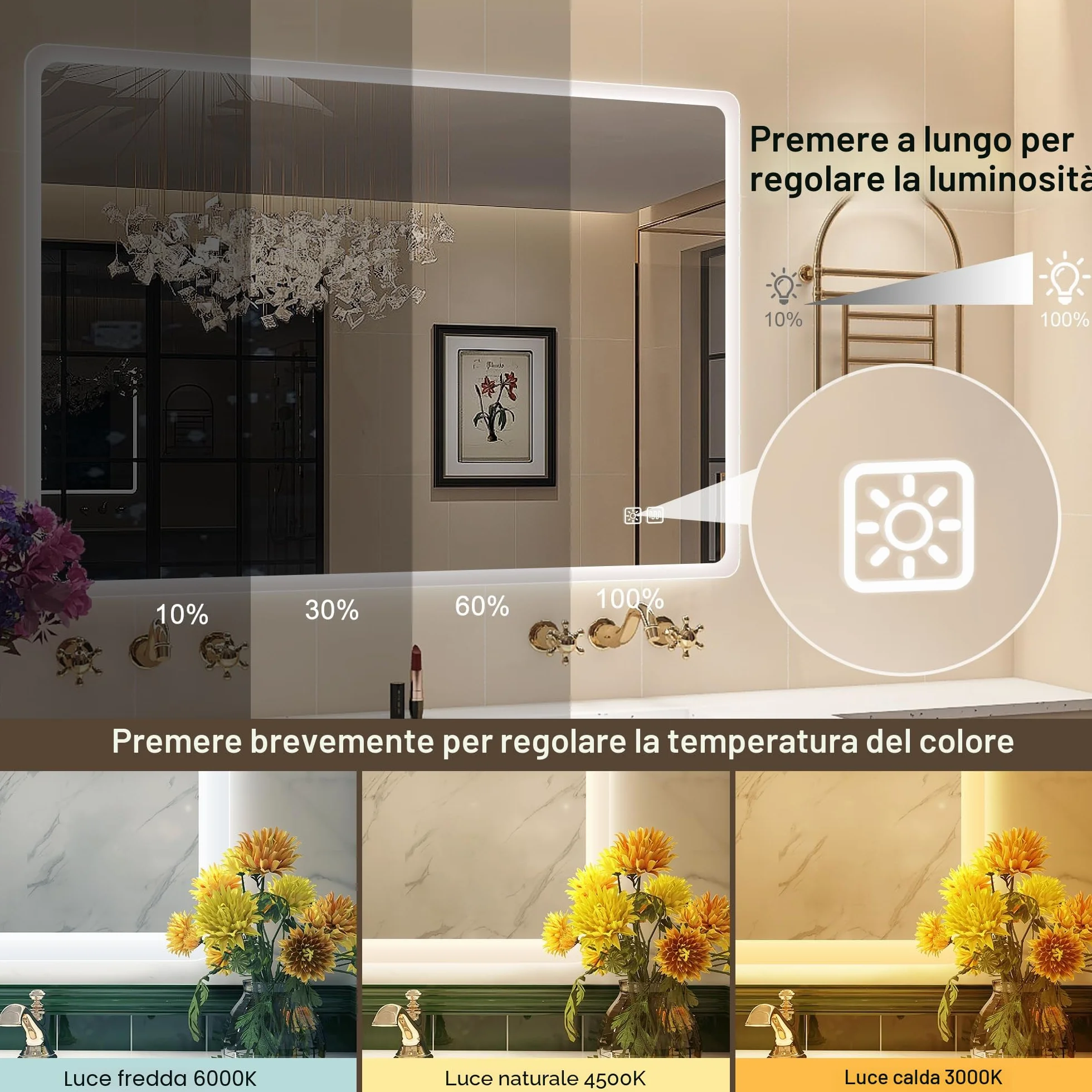 STARLEAD Specchio-Bagno-con-Luce 100x70 cm, Specchio-Bagno-LED con Antifog, 3 Colori Luce, Dimmerabile, IP44 Vetro Temperato HD Specchiera-Bagno, Funzione Memoria, Orizzontale/Verticale