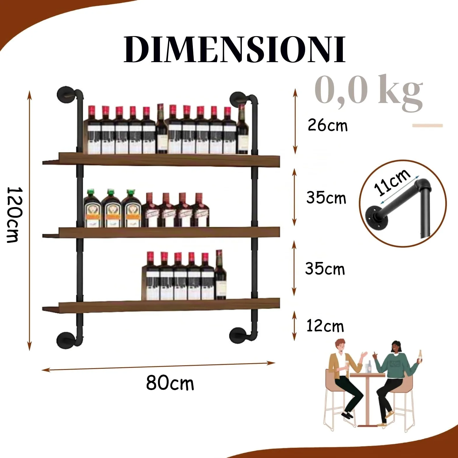 Portabottiglie da Parete in legno Massello, Grande Espositore per Bottiglie di Vino in Industriale Vetrinetta da Bar Con Luce LED,Scaffale Galleggiante Per Cucina, Bar, Caffetteria (80cm)