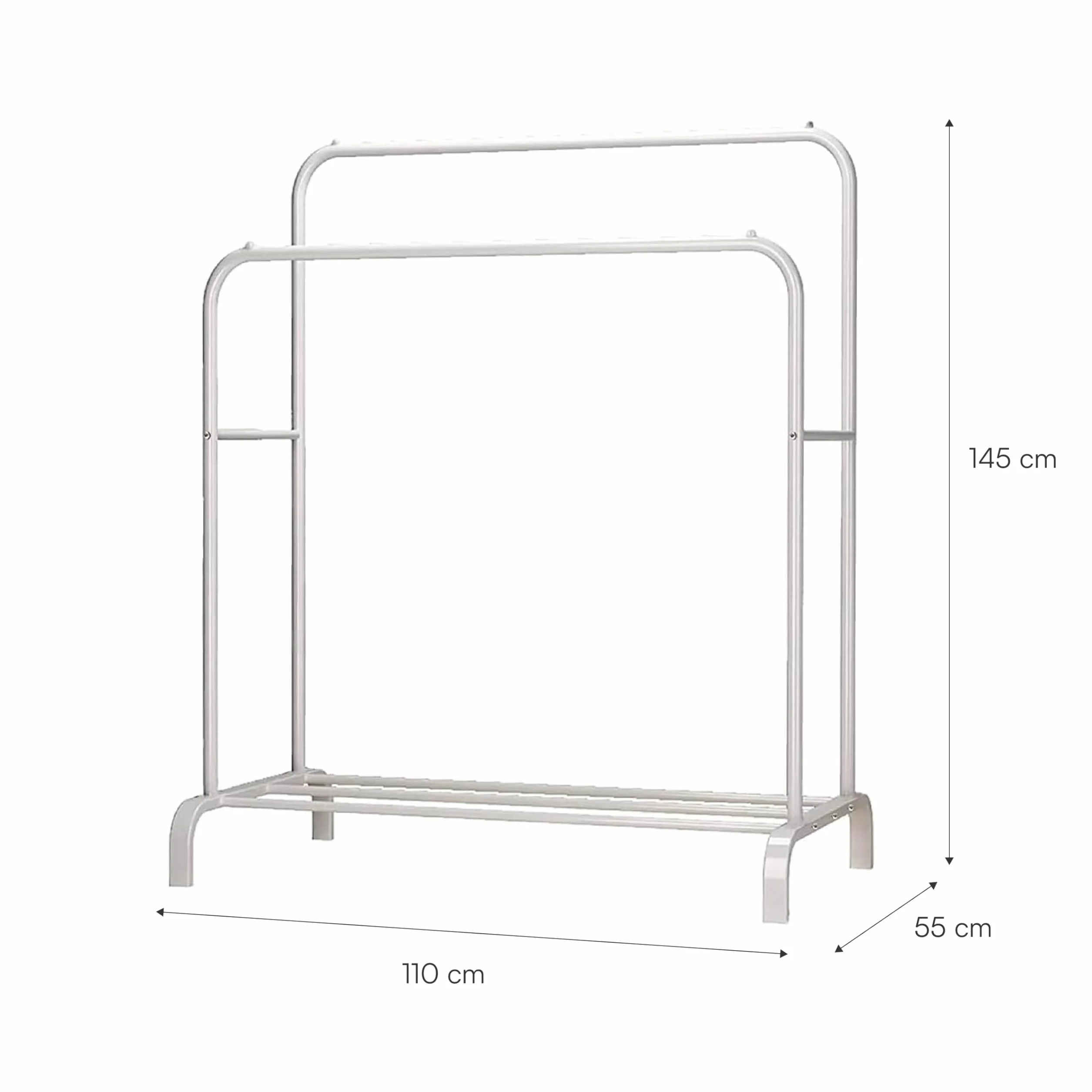 Baroni Home Stand Appendiabiti Metallo, Doppia Barra e Ripiano Inferiore, 110x55x145 cm, Bianco