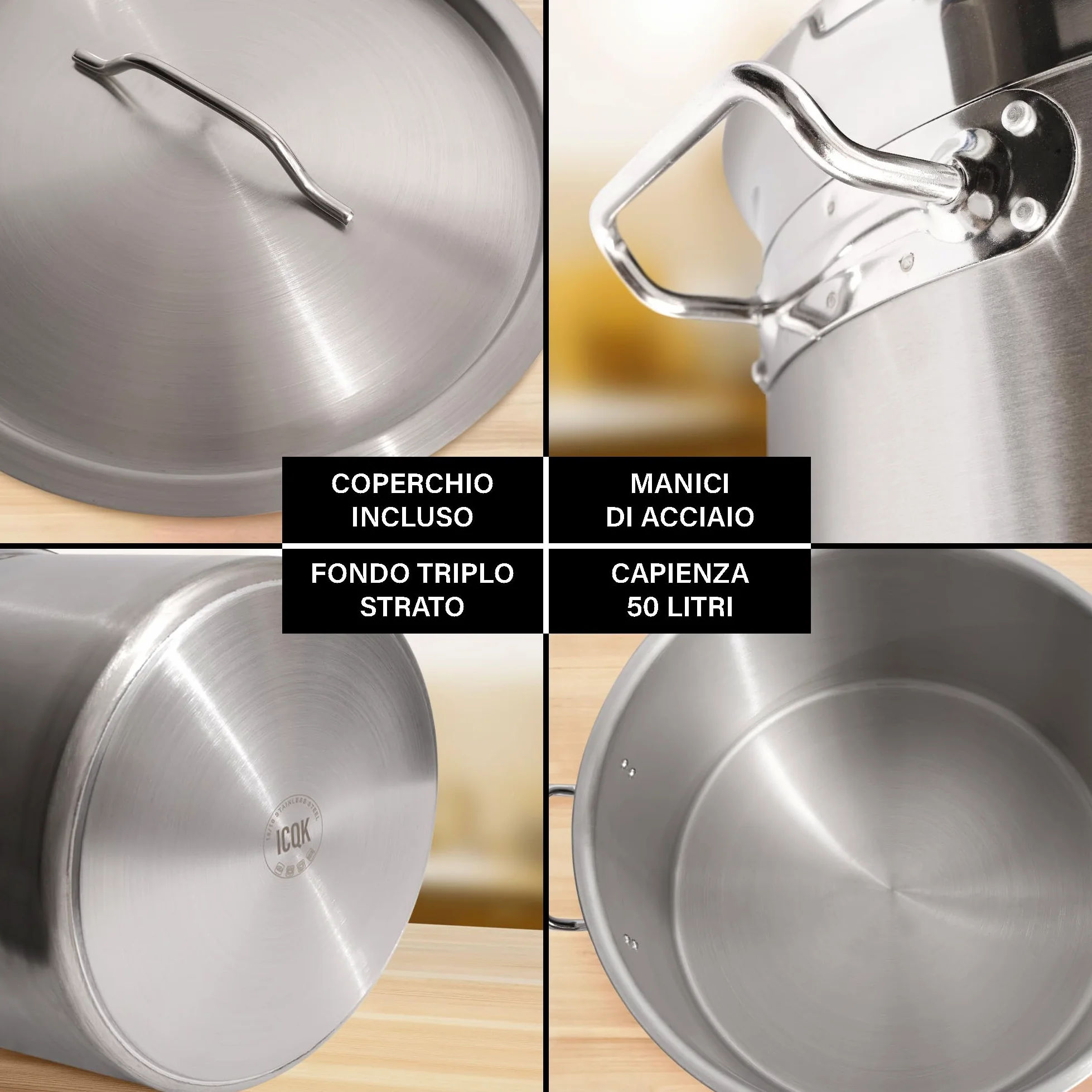 Pentola in Acciaio Inox 50 L, Coperchio Incluso, ⌀40 cm, Con Bordo A Versare, Compatibile con Induzione, Elettrico, Ceramica, Gas, Fondo Triplo Strato, Manici in Acciaio, Assistenza ITALIA
