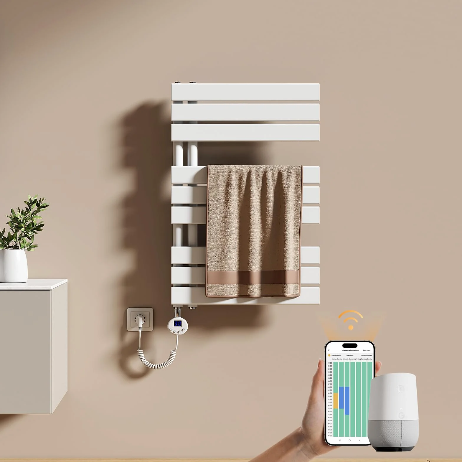 EMKE Scaldasalviette Elettrico con WIFI Termostato 76x50 cm, 400W Bianco, Scaldasalviette a Basso Consumo, Resistenza Riscaldante con Timer, Termoarredo Bagno, Scaldasalviette Elettrico Bagno