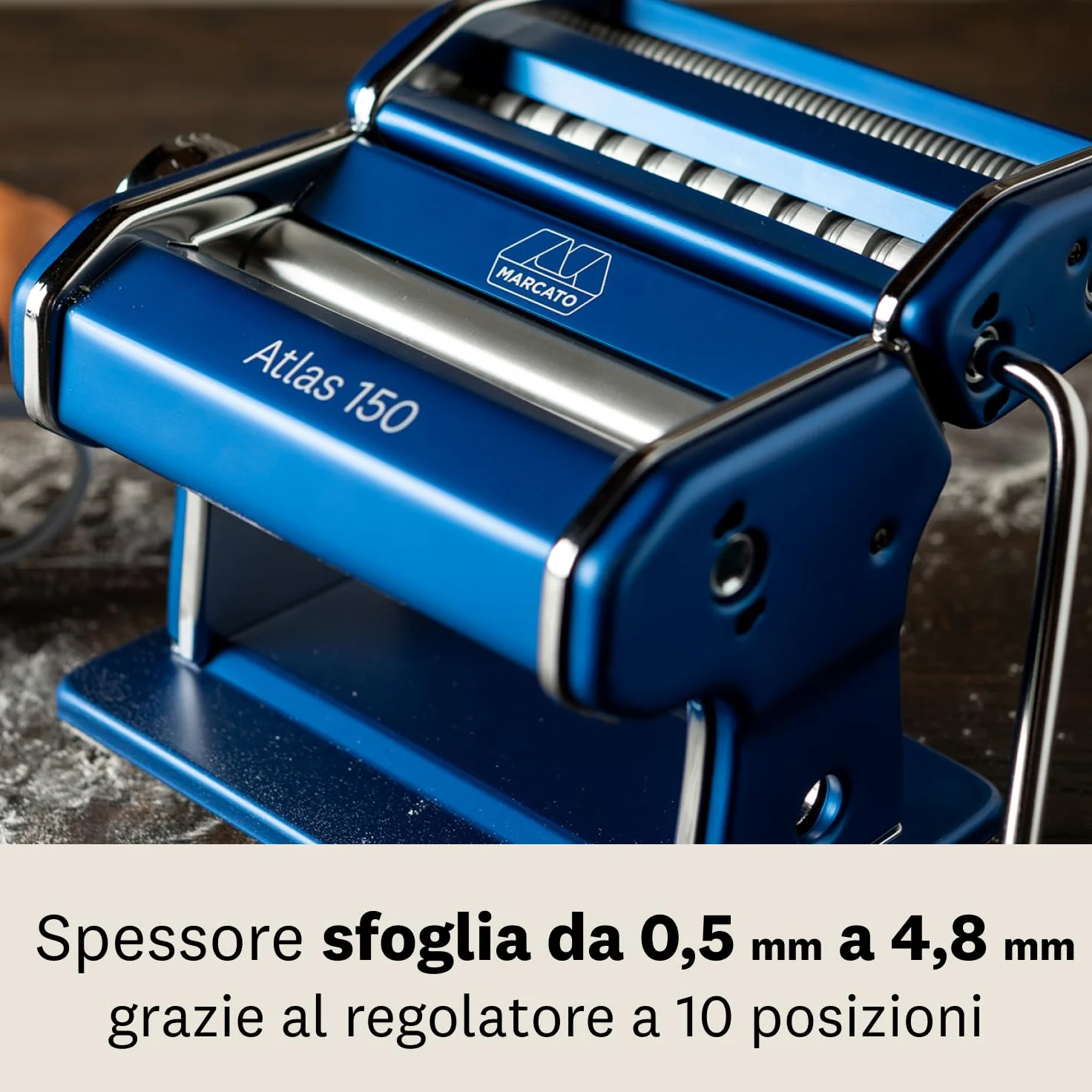 Marcato AT-150-BLU, Atlas 150 design, Macchina per pasta, Alluminio, Blu, Linea Premium.