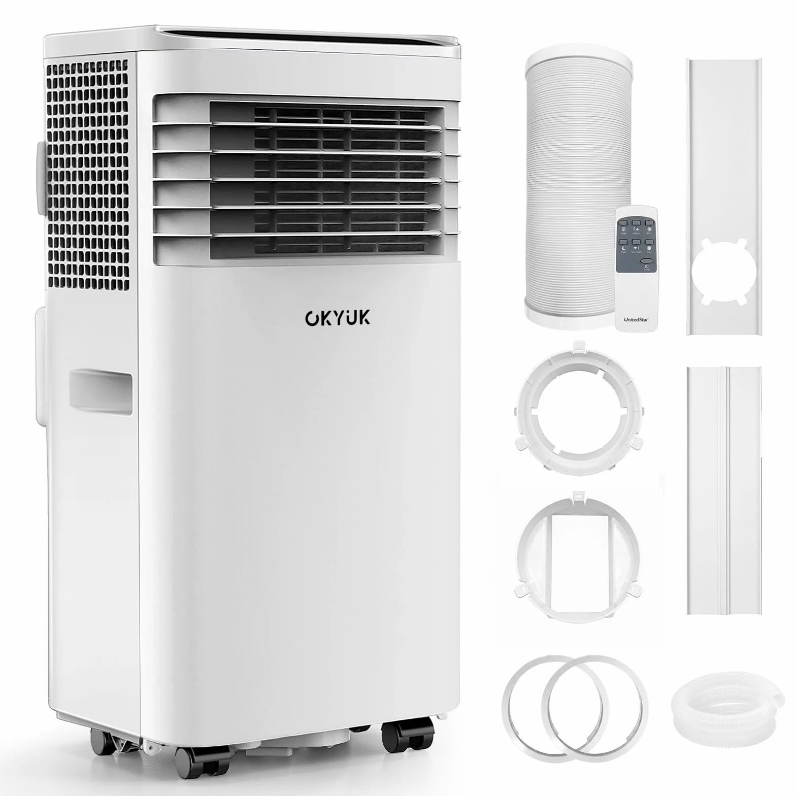 Climatizzatore mobile 7000 BTU con tubo di scarico, climatizzatore mobile 4 in 1, funzionamento silenzioso, display digitale + telecomando, kit di installazione per finestre, timer 24 ore, per stanze