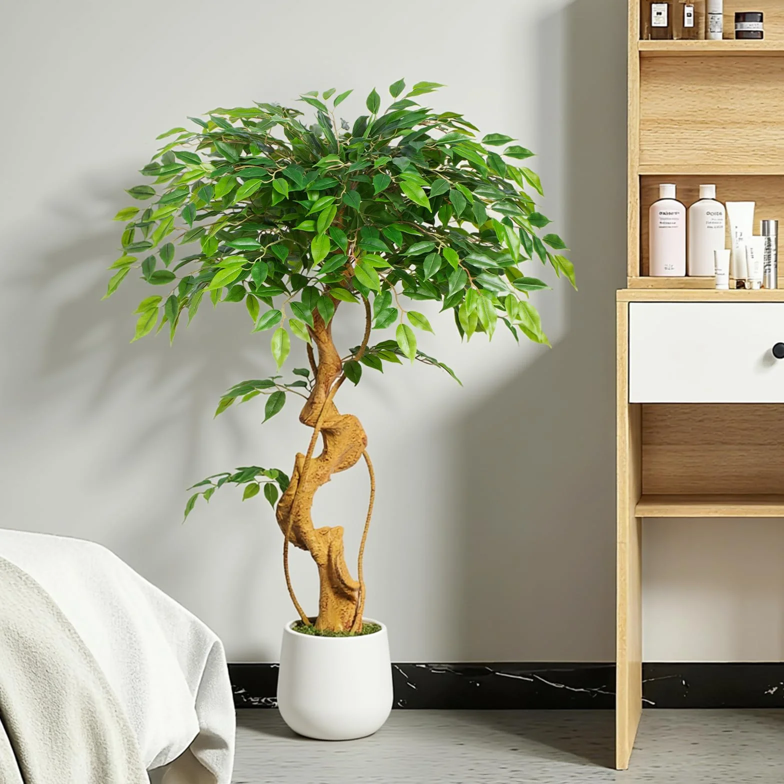 Pianta artificiale, albero di ficus, 120 cm, con vaso bianco, grande come reale, con tronco curvo e 930 foglie, albero artificiale per decorazione di interni, soggiorno, camera da letto