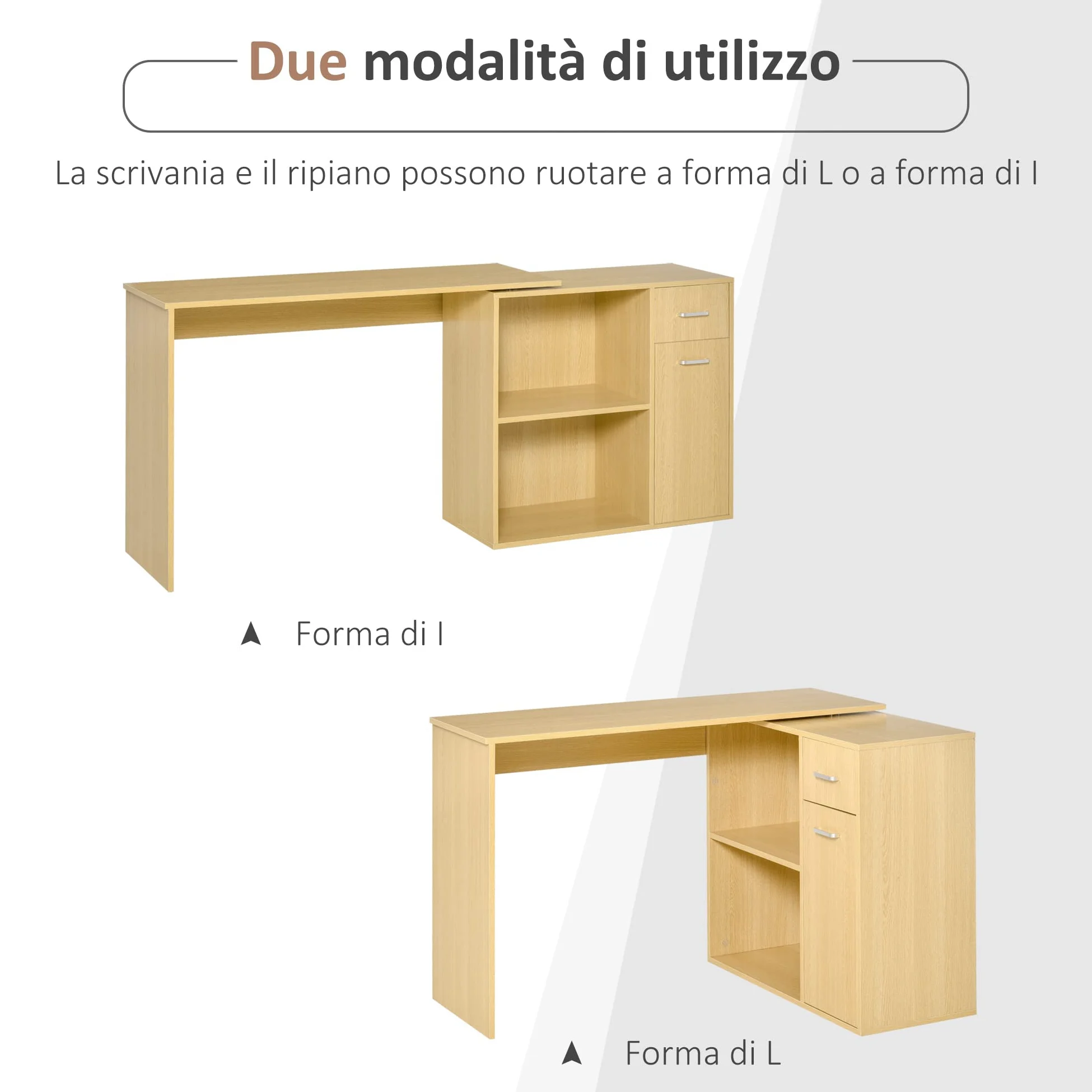 HOMCOM Scrivania Angolare per Studio 2 Cassetti 117x82x74cm Rovere Legno | per Ufficio, 2 Ripiani, Scrivania Moderna