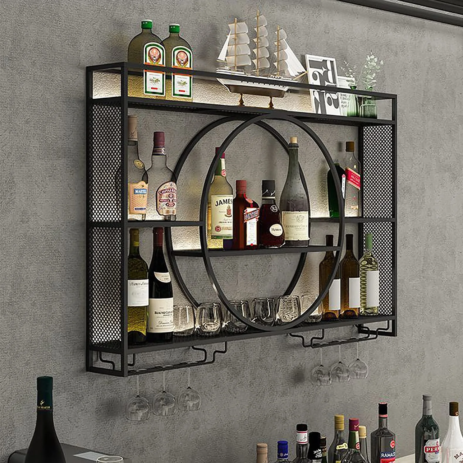 Porta Bottiglie Da Vino Portabottiglie Da Parete Con Ripiano Espositivo, Mensola Per Vino Industriale Calice E Portabicchieri, Vetrinetta Pensile Da Parete, Espositore Creativo Per Vino Da Parete. ( C