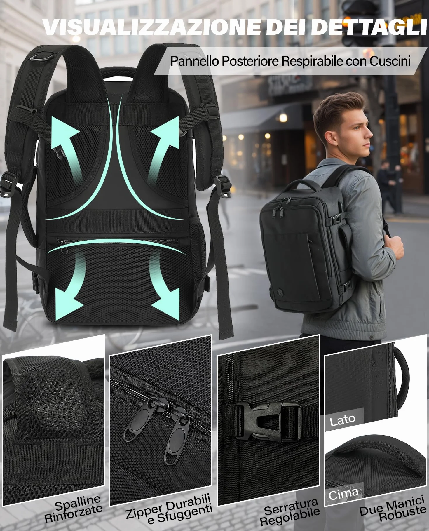 VANKEV Zaino Ryanair 40x20x25 Bagaglio a Mano 20L 14 Pollici Nero