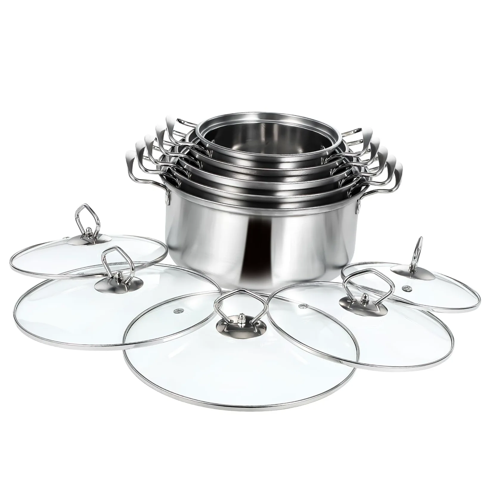 Gatuida Set 10 Pezzi Pentole in Acciaio Inox con Doppio Manico e Coperchio in Vetro, Pentole per Zuppa, Stufato e Porridge, Compatibili Piani Cottura a Induzione, per Cucina Domestica