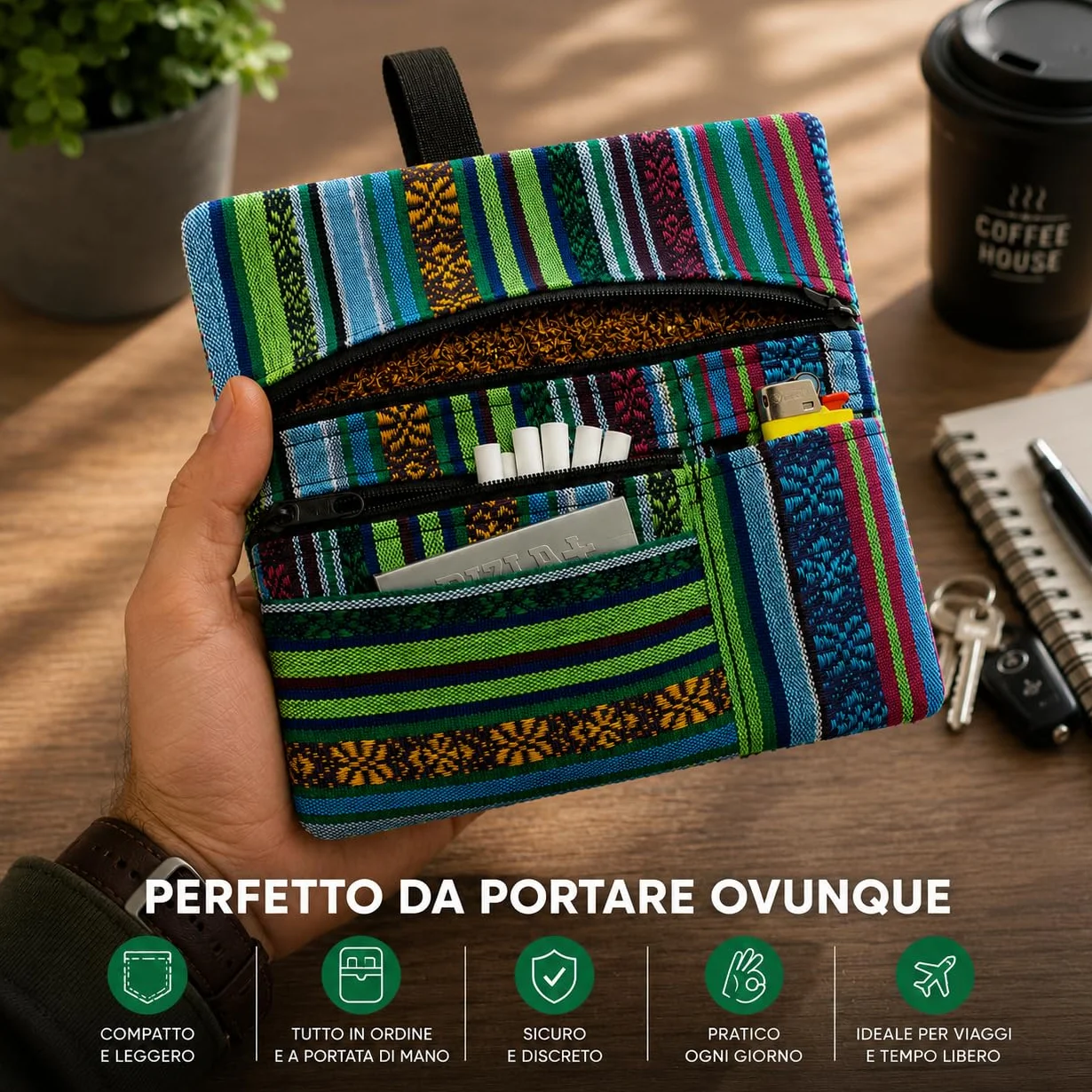 Russo Handmade Portatabacco Artigianale in Tessuto con Doppia Zip, 4 Scomparti, Melangè Blu