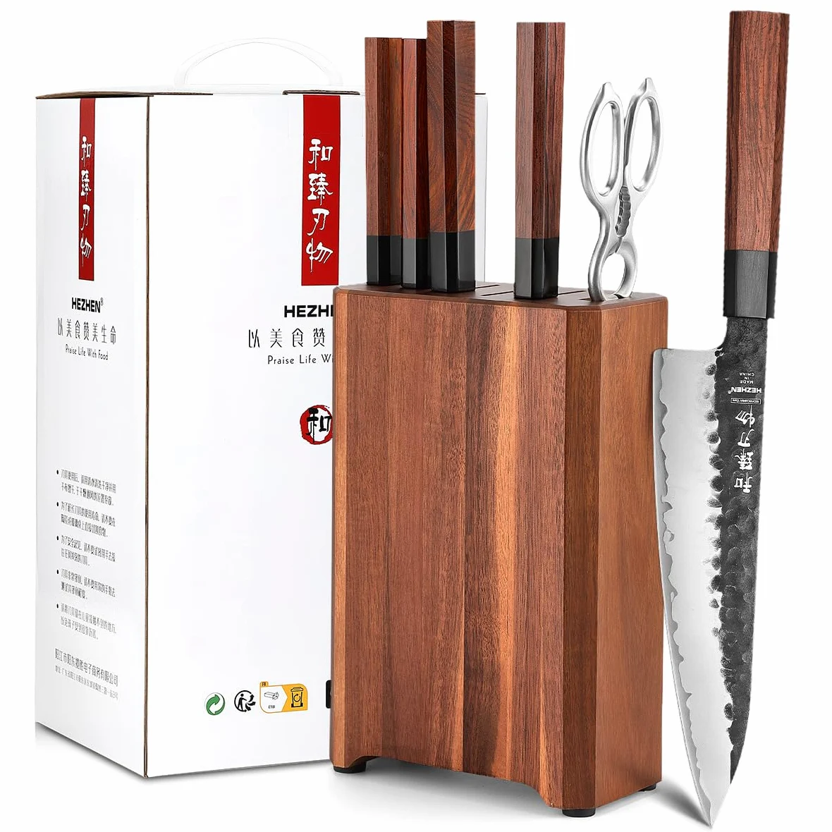 HEZHEN Set di Coltelli da Cucina Ceppi Portacoltelli, Coltello Santoku Stile Giapponese Coltelli da Chef, Forbici da Cucina Blocco Coltelli in Legno di Acacia