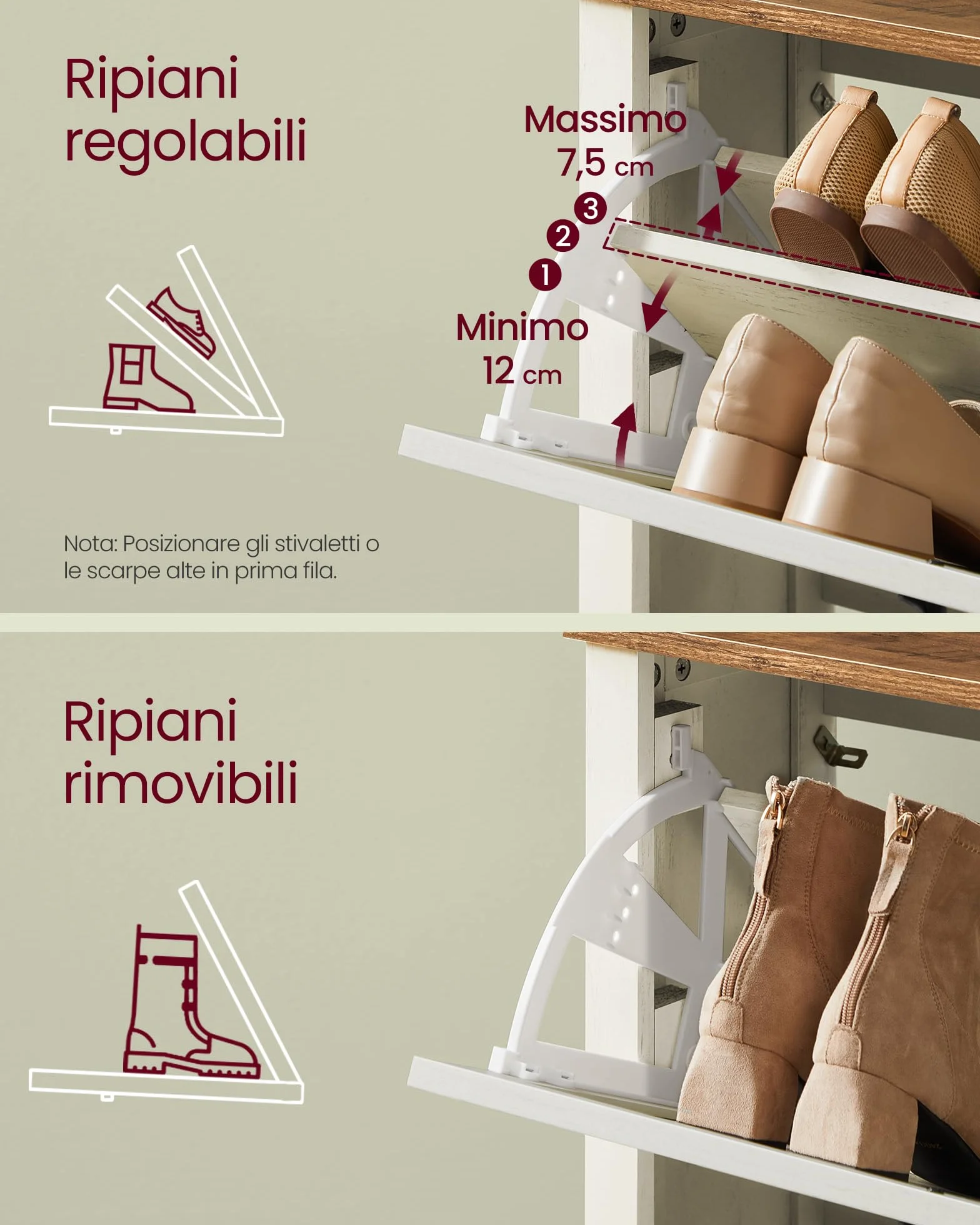 VASAGLE LIRY Collezione Scarpiera con 2 Scomparti a Ribalta Slim Bianco Vintage