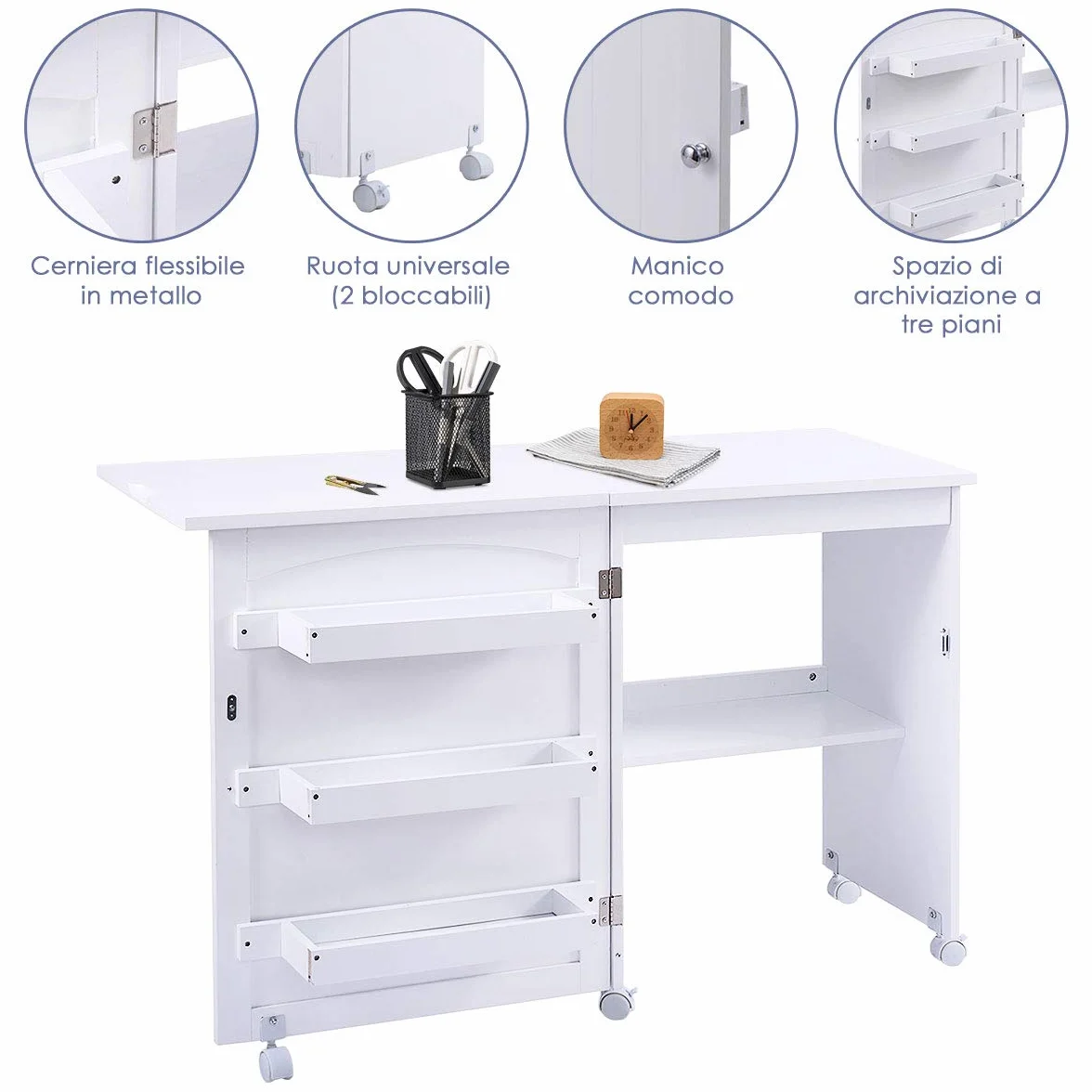 GOPLUS Mobiletto Cucito Pieghevole con Mensole e 5 Ruote Armadietto per Cucito Tavolo Allungabile per Macchina da Cucire 117x77x40 cm (Bianco)