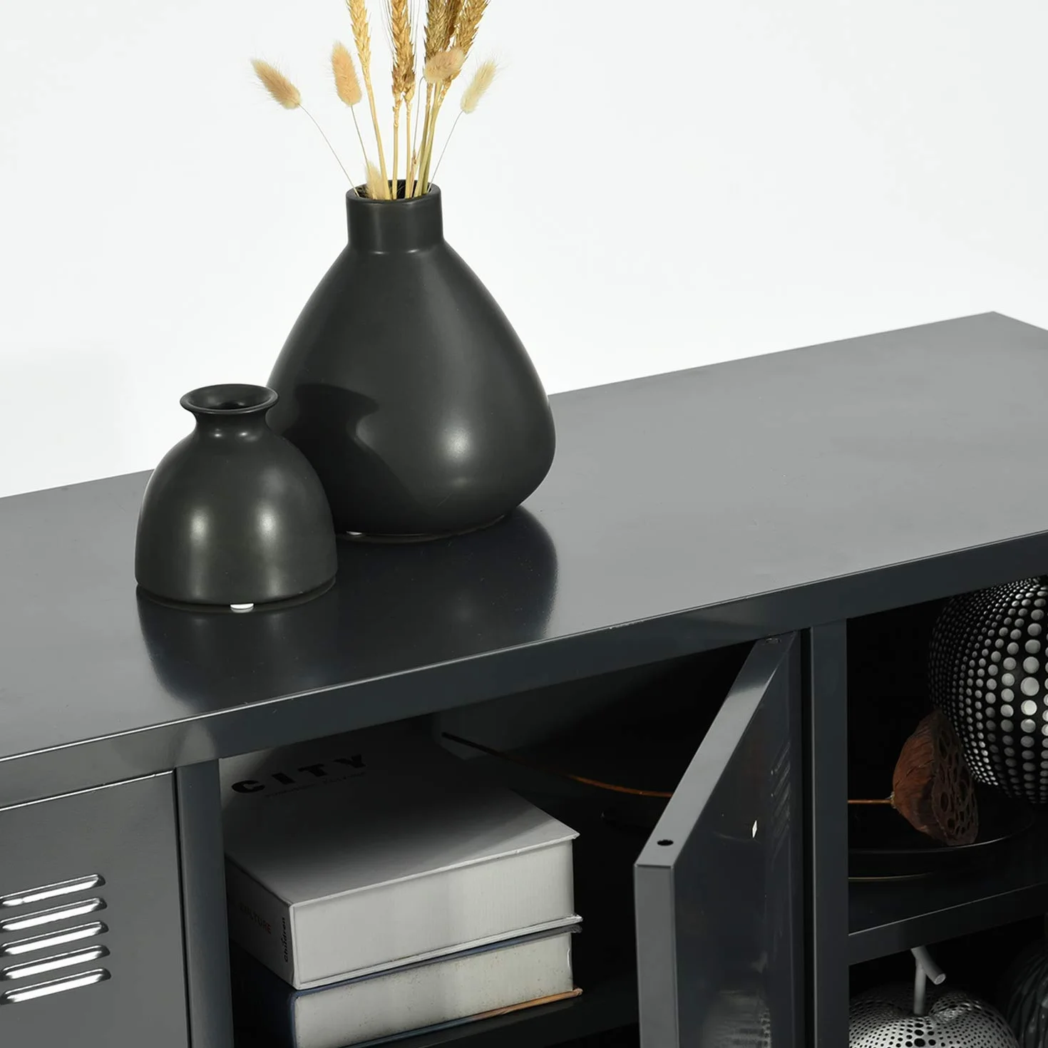 Homy Casa Grande armadio in metallo a doppio rivestimento con 3 ante in metallo, mobile da ufficio o guardaroba con due ripiani, basso, misure: 120 x 40 x 58 cm, nero