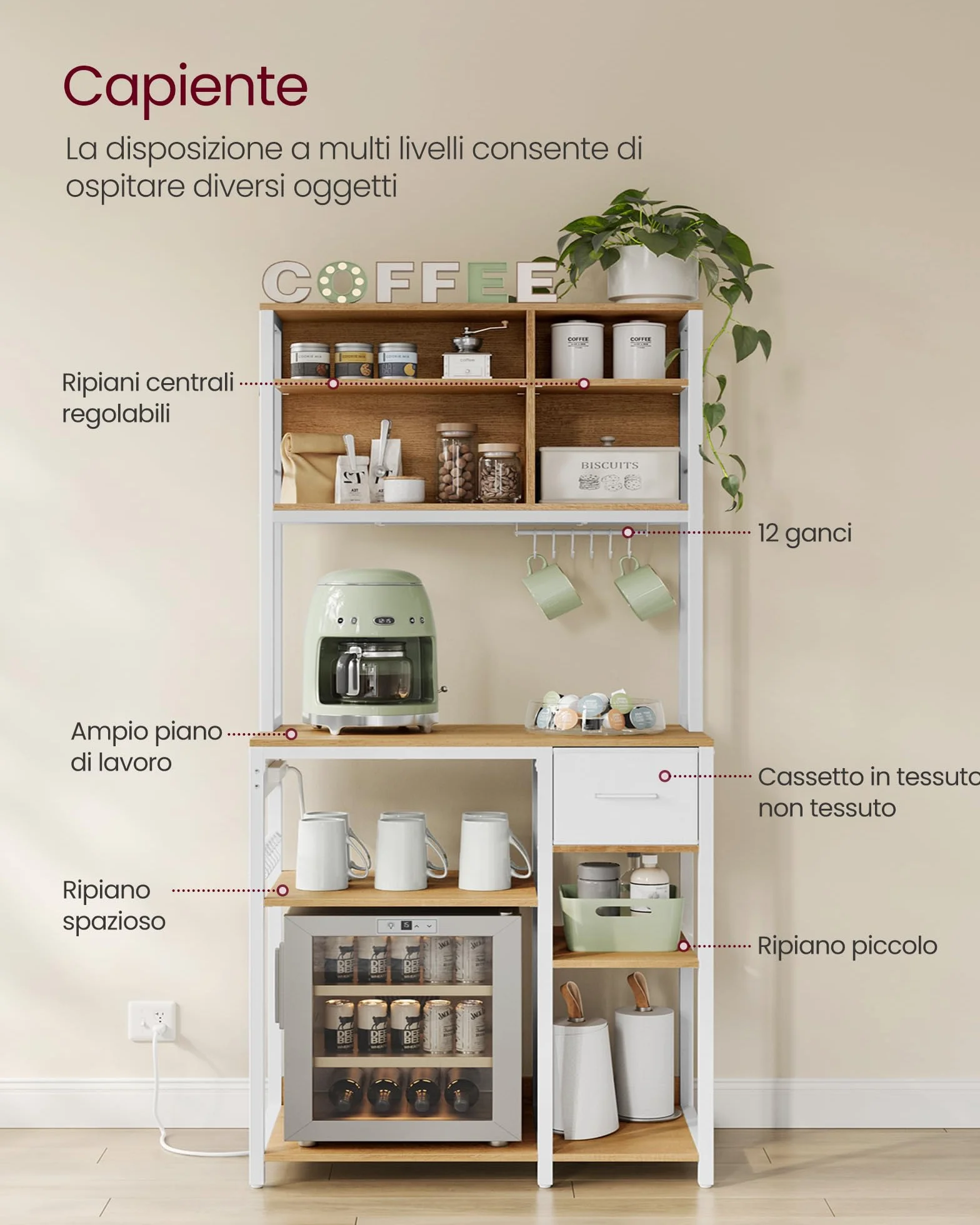 VASAGLE Scaffale Cucina con Multipresa, Mobile Cucina 40x80x180,4 cm, Ripiani Regolabili, Rovere Dorato e Bianco Nuvola